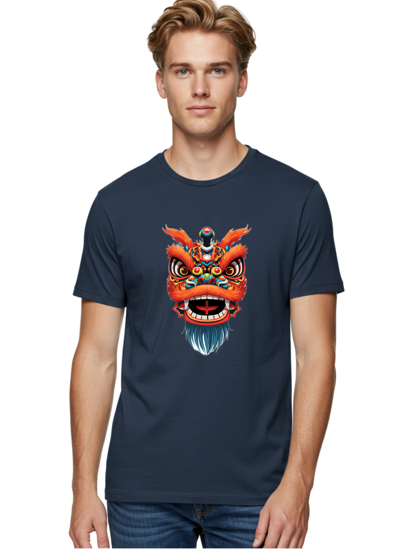 Dragon-Dance-Mask Men'S Graphic Tee, 100% Cotton, Comfortable Casual Summer Wear, Machine Washable, Lion Dance, Traditional Performance, Vibrant Colors, Cultural Heritage, Festive Atmosphere, Red And Orange Hues, Ornate Details, Baa557