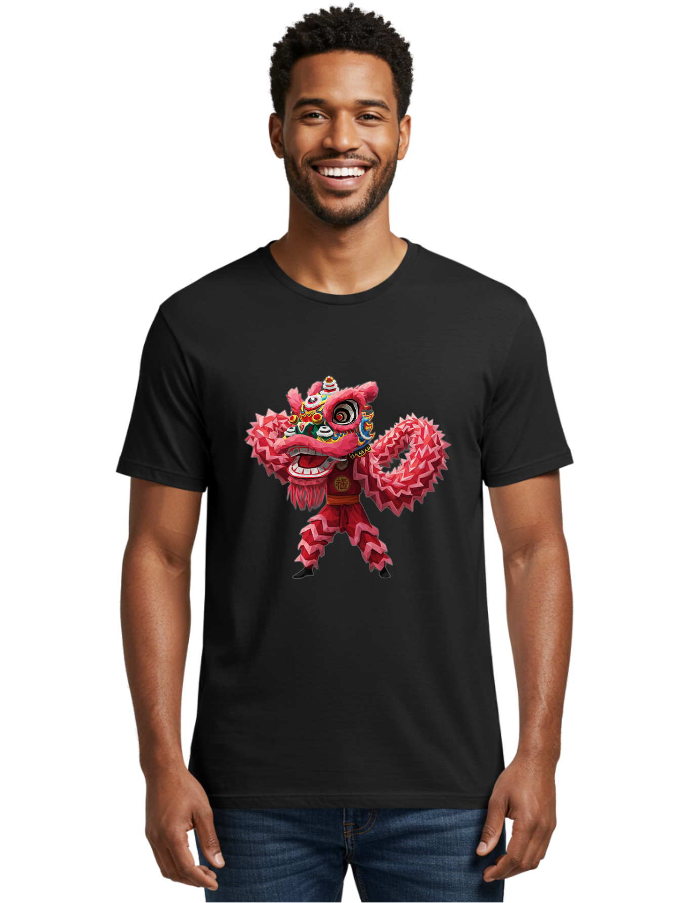 Dragon-Dance Men'S Graphic Tee, 100% Cotton, Comfortable Casual Summer Wear, Machine Washable, Traditional Lion Dance Costume, Cultural Heritage, Festive Celebration, Vibrant Red Color, Intricate Design, Dynamic Movement, Chinese Culture, Baa558