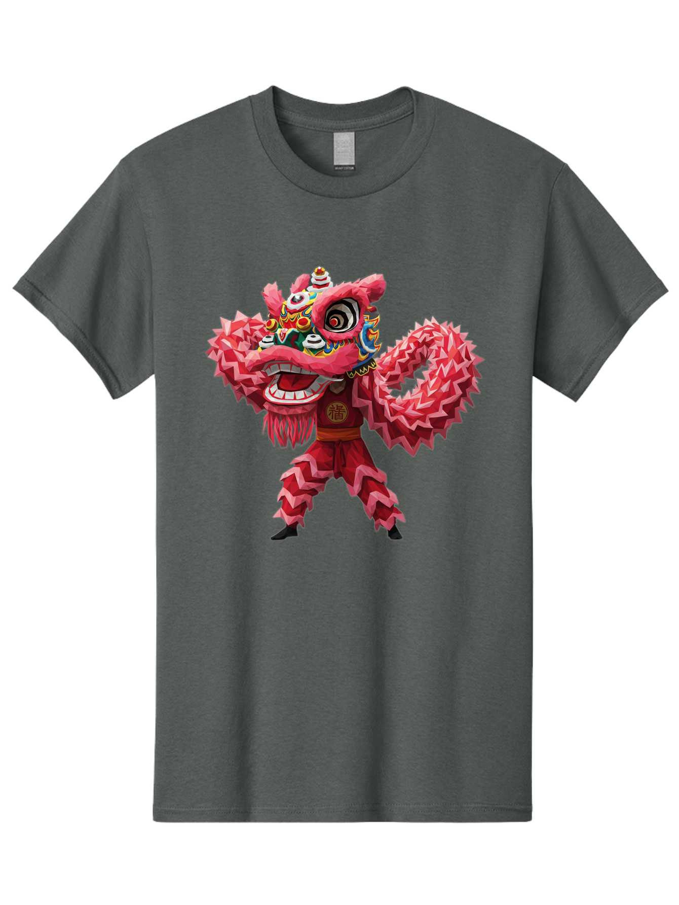 Dragon-Dance Men'S Graphic Tee, 100% Cotton, Comfortable Casual Summer Wear, Machine Washable, Traditional Lion Dance Costume, Cultural Heritage, Festive Celebration, Vibrant Red Color, Intricate Design, Dynamic Movement, Chinese Culture, Baa558