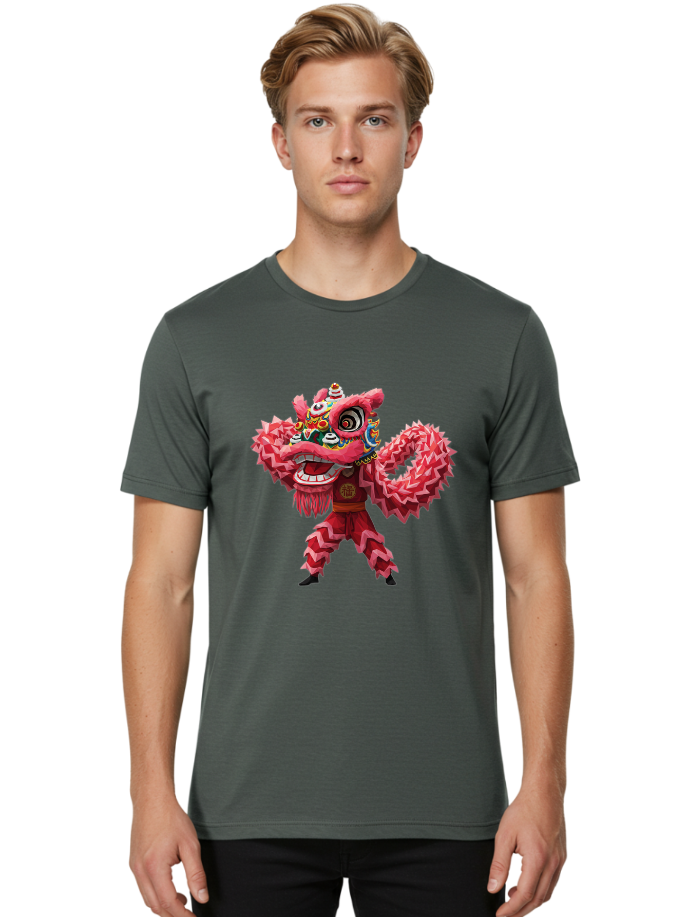 Dragon-Dance Men'S Graphic Tee, 100% Cotton, Comfortable Casual Summer Wear, Machine Washable, Traditional Lion Dance Costume, Cultural Heritage, Festive Celebration, Vibrant Red Color, Intricate Design, Dynamic Movement, Chinese Culture, Baa558