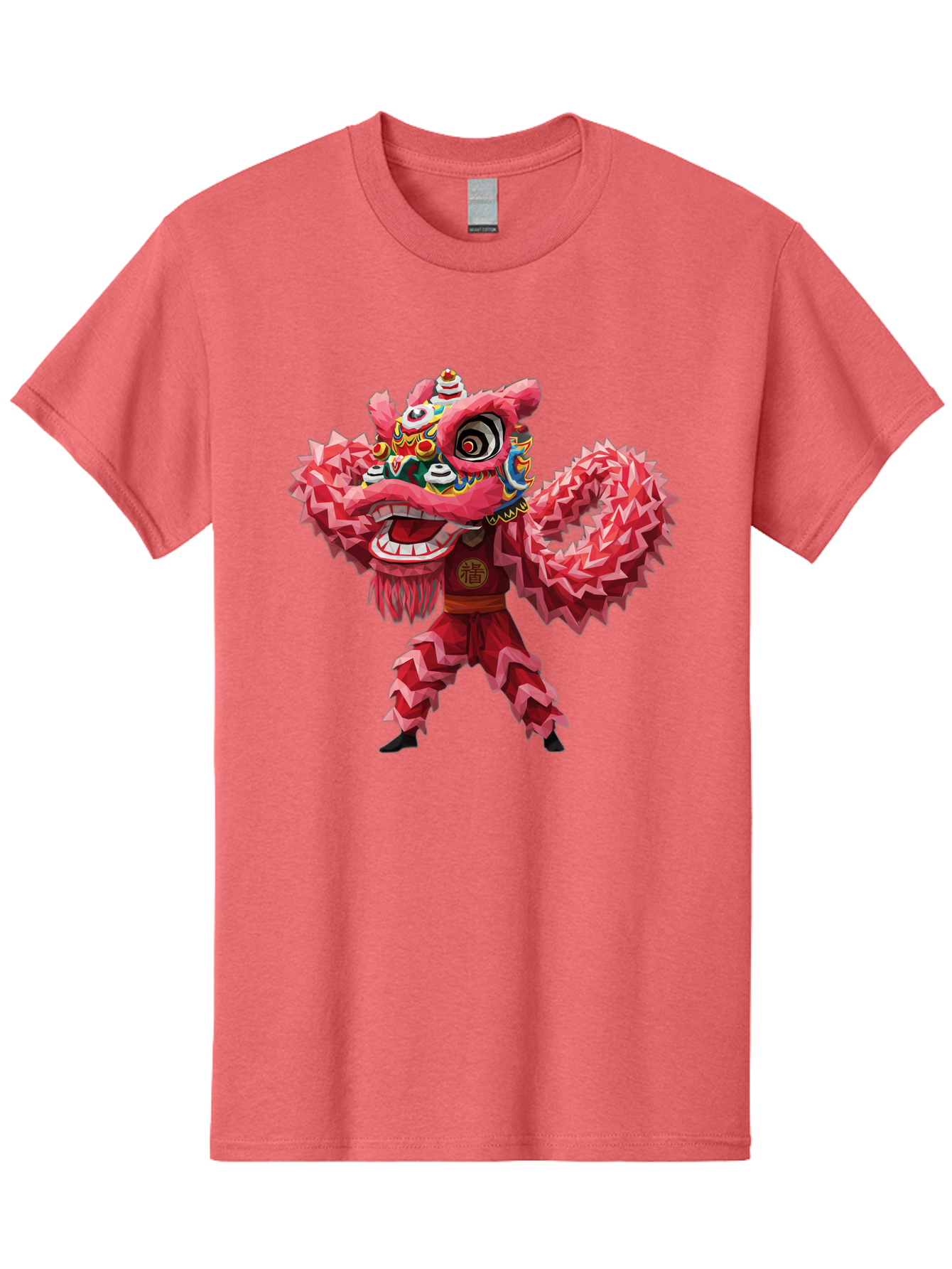Dragon-Dance Men'S Graphic Tee, 100% Cotton, Comfortable Casual Summer Wear, Machine Washable, Traditional Lion Dance Costume, Cultural Heritage, Festive Celebration, Vibrant Red Color, Intricate Design, Dynamic Movement, Chinese Culture, Baa558
