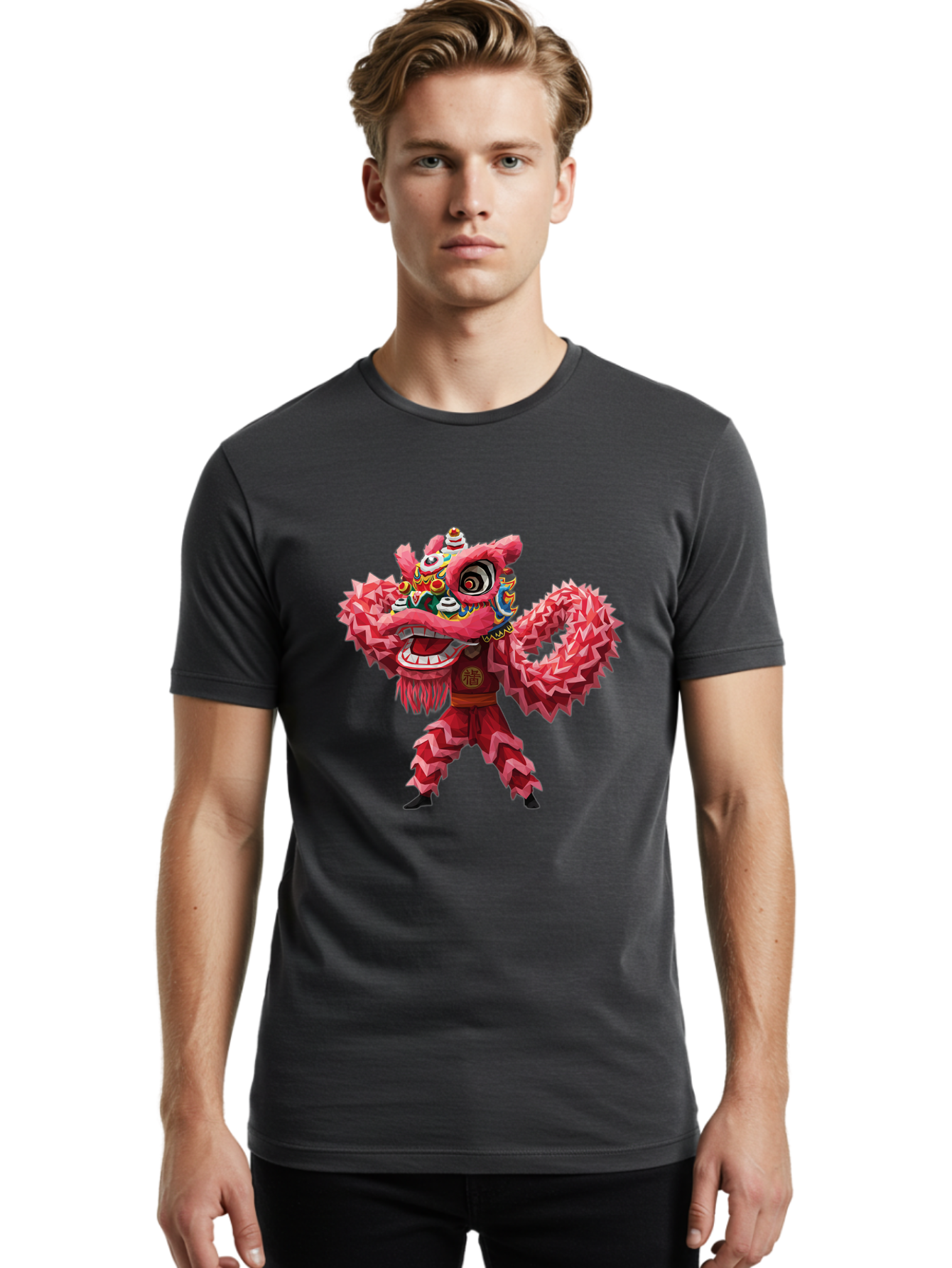 Dragon-Dance Men'S Graphic Tee, 100% Cotton, Comfortable Casual Summer Wear, Machine Washable, Traditional Lion Dance Costume, Cultural Heritage, Festive Celebration, Vibrant Red Color, Intricate Design, Dynamic Movement, Chinese Culture, Baa558