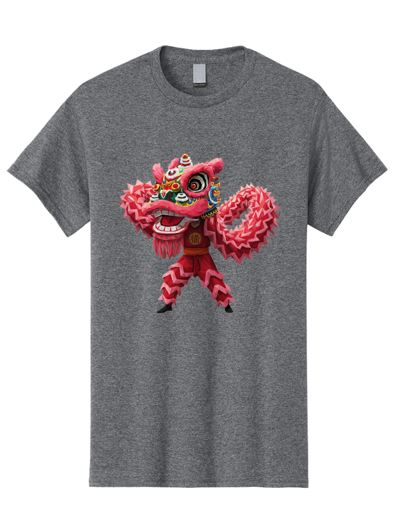 Dragon-Dance Men'S Graphic Tee, 100% Cotton, Comfortable Casual Summer Wear, Machine Washable, Traditional Lion Dance Costume, Cultural Heritage, Festive Celebration, Vibrant Red Color, Intricate Design, Dynamic Movement, Chinese Culture, Baa558