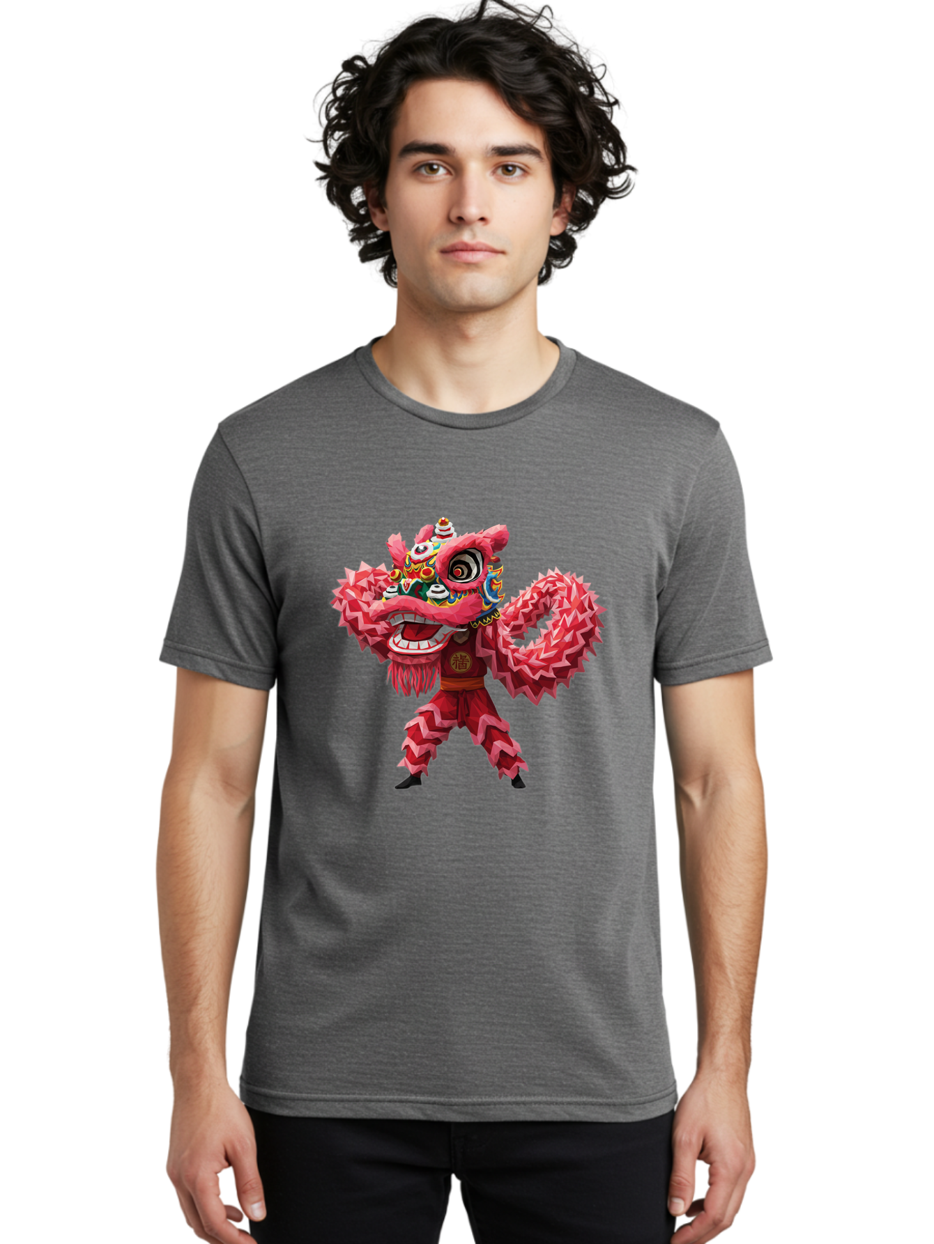 Dragon-Dance Men'S Graphic Tee, 100% Cotton, Comfortable Casual Summer Wear, Machine Washable, Traditional Lion Dance Costume, Cultural Heritage, Festive Celebration, Vibrant Red Color, Intricate Design, Dynamic Movement, Chinese Culture, Baa558