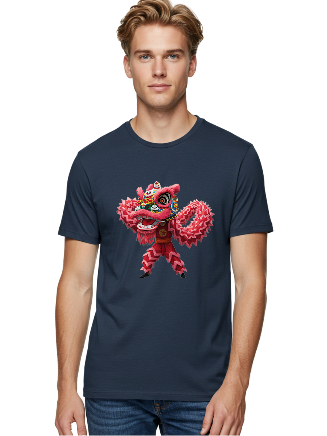 Dragon-Dance Men'S Graphic Tee, 100% Cotton, Comfortable Casual Summer Wear, Machine Washable, Traditional Lion Dance Costume, Cultural Heritage, Festive Celebration, Vibrant Red Color, Intricate Design, Dynamic Movement, Chinese Culture, Baa558