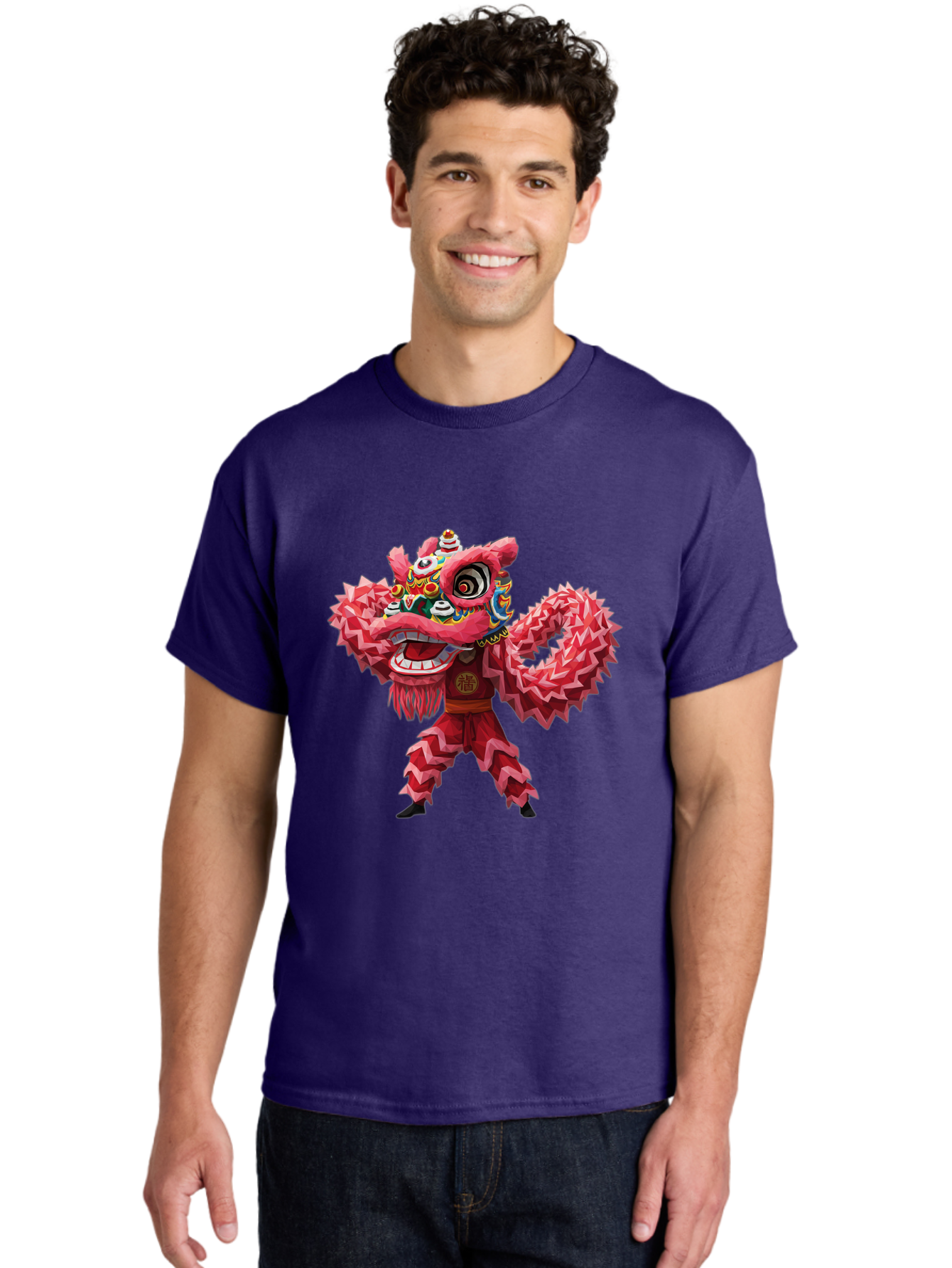 Dragon-Dance Men'S Graphic Tee, 100% Cotton, Comfortable Casual Summer Wear, Machine Washable, Traditional Lion Dance Costume, Cultural Heritage, Festive Celebration, Vibrant Red Color, Intricate Design, Dynamic Movement, Chinese Culture, Baa558
