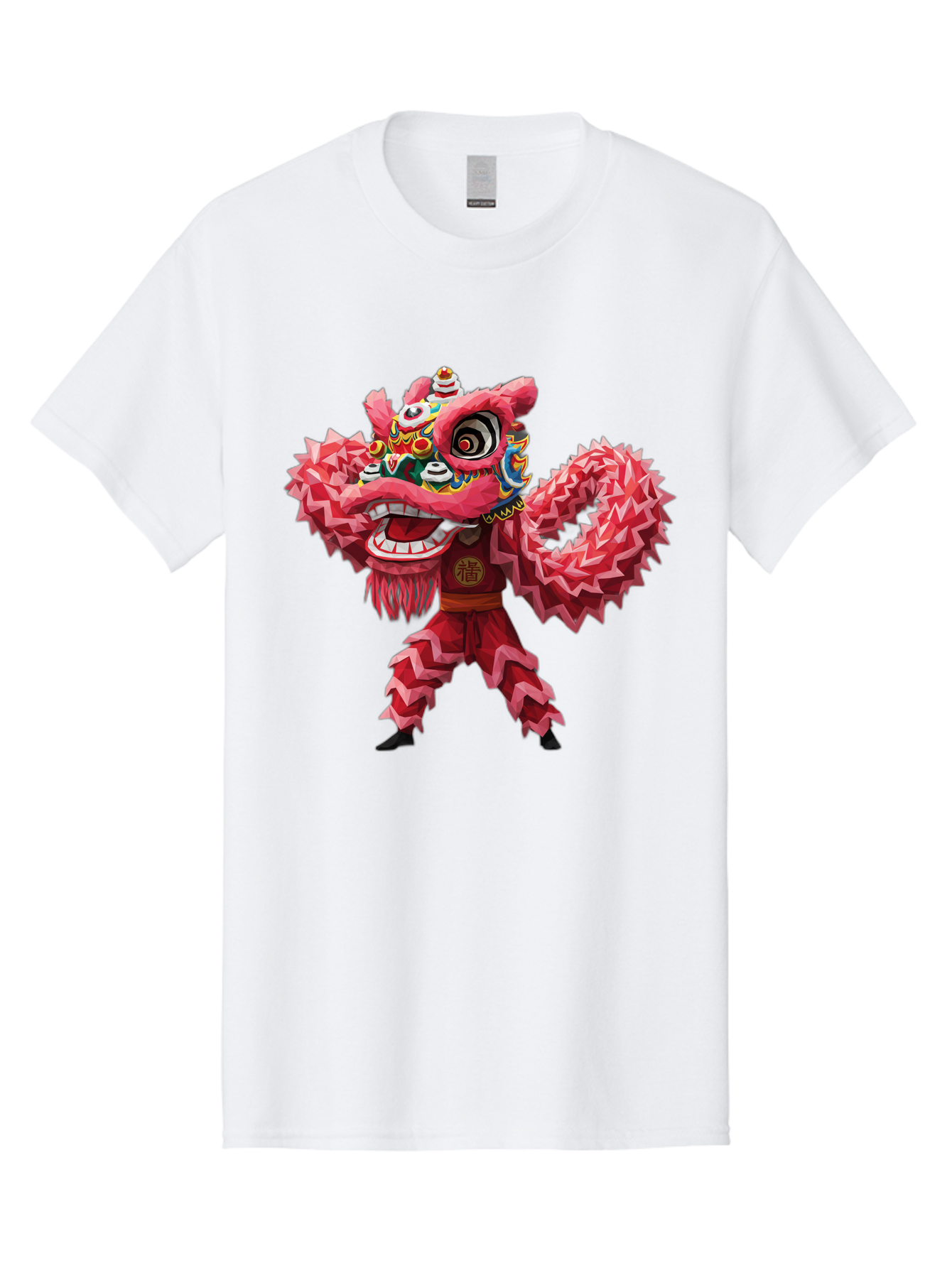 Dragon-Dance Men'S Graphic Tee, 100% Cotton, Comfortable Casual Summer Wear, Machine Washable, Traditional Lion Dance Costume, Cultural Heritage, Festive Celebration, Vibrant Red Color, Intricate Design, Dynamic Movement, Chinese Culture, Baa558