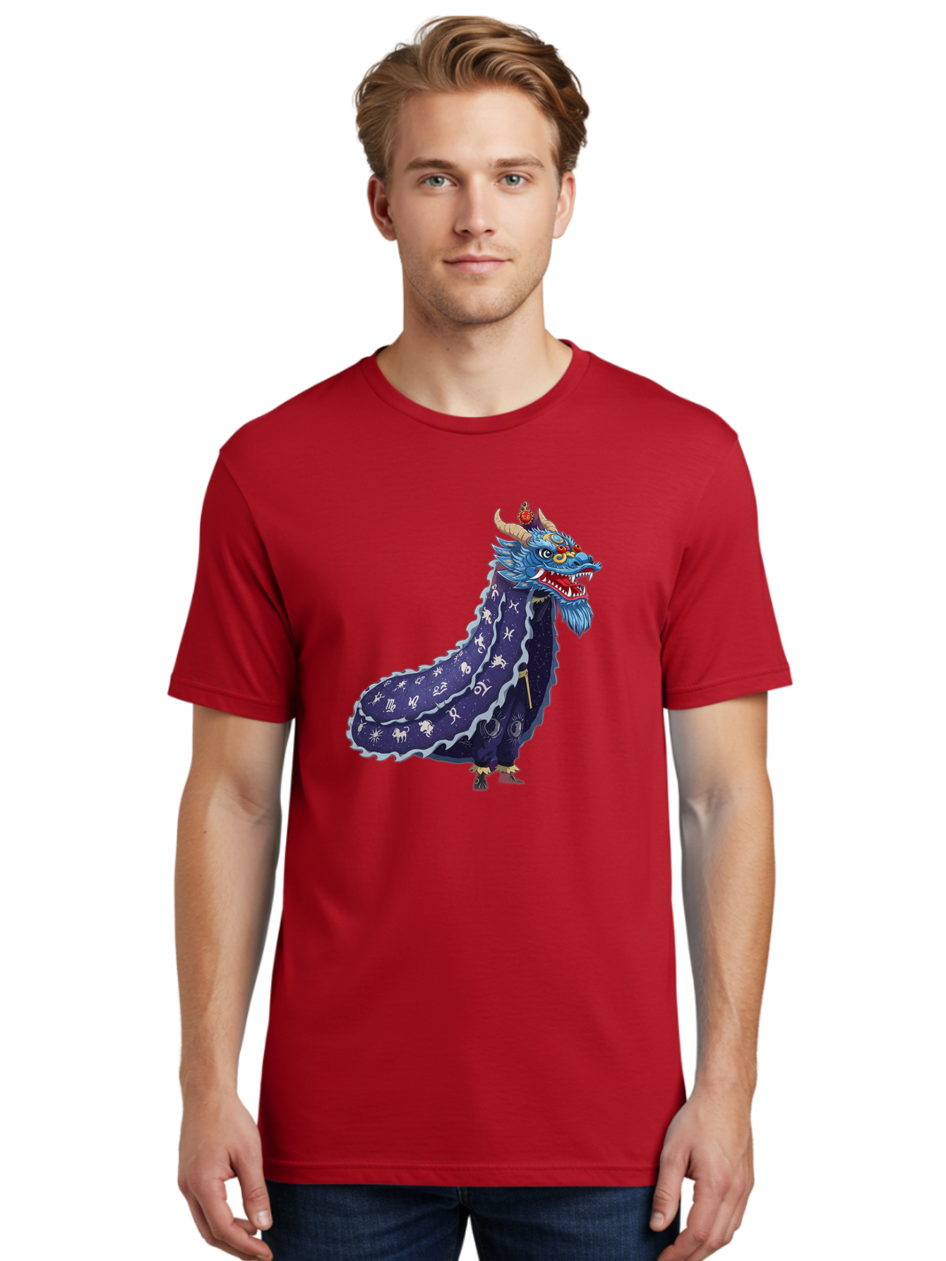 Dragon-Zodiac Men'S Graphic Tee, 100% Cotton, Comfortable Casual Summer Wear, Machine Washable, Mythical Dragon, Zodiac Signs, Astrology Symbols, Fantasy Creature, Zodiac Wheel, Mystical Being, Dragon Illustration, Cosmic Art Baa562