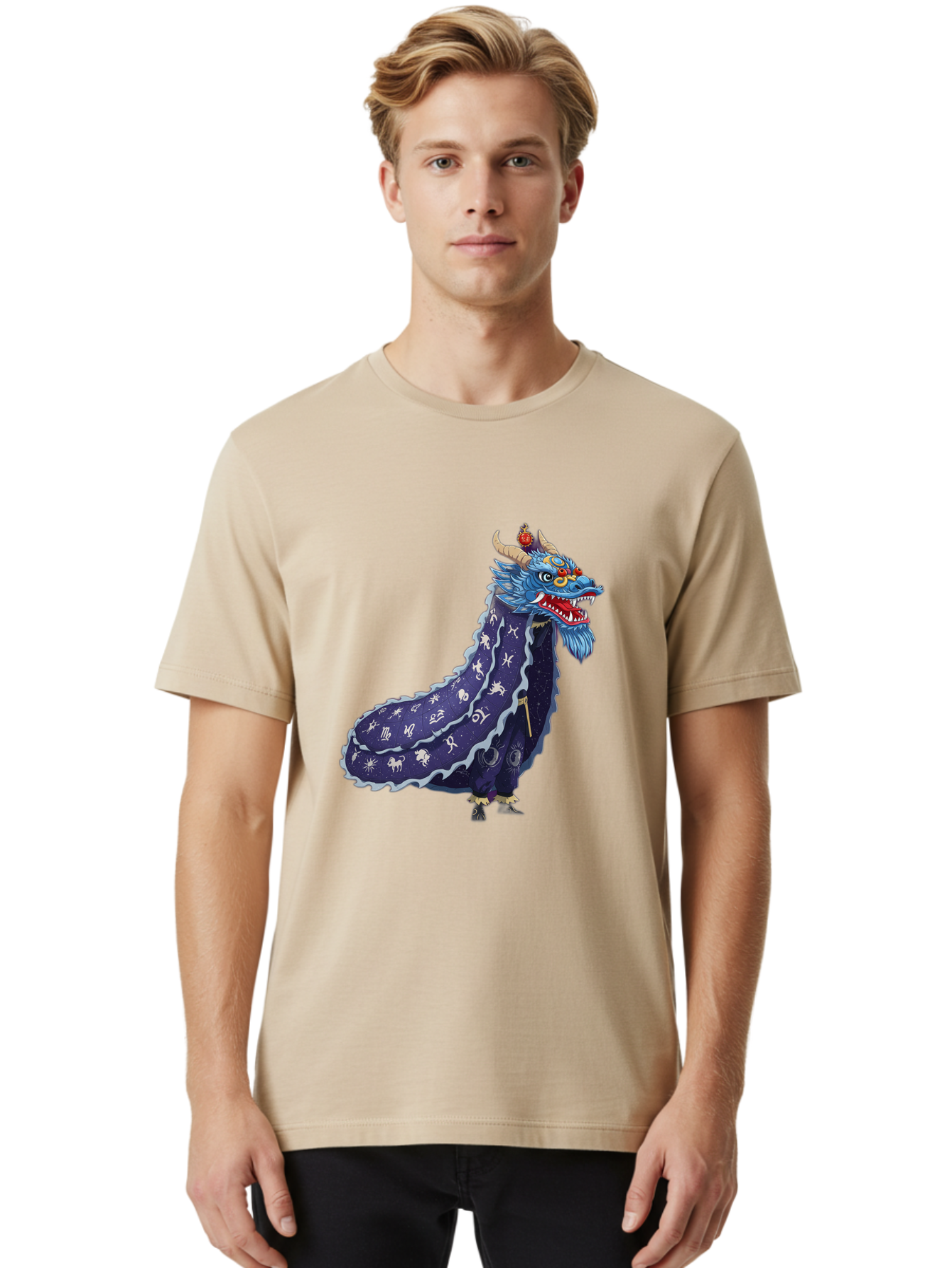 Dragon-Zodiac Men'S Graphic Tee, 100% Cotton, Comfortable Casual Summer Wear, Machine Washable, Mythical Dragon, Zodiac Signs, Astrology Symbols, Fantasy Creature, Zodiac Wheel, Mystical Being, Dragon Illustration, Cosmic Art Baa562