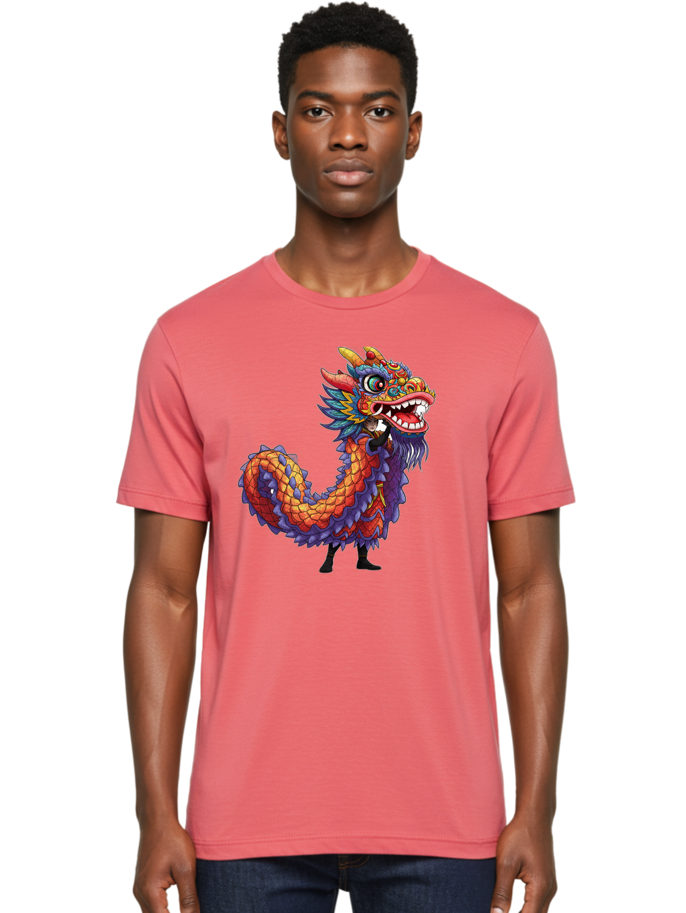 Dragon Men'S Graphic Tee, 100% Cotton, Comfortable Casual Summer Wear, Machine Washable, Vibrant Dragon, Mythical Creature, Chinese Culture, Colorful Scales, Sharp Teeth, Bold Design, Fantasy Art, Cartoon Style Baa563