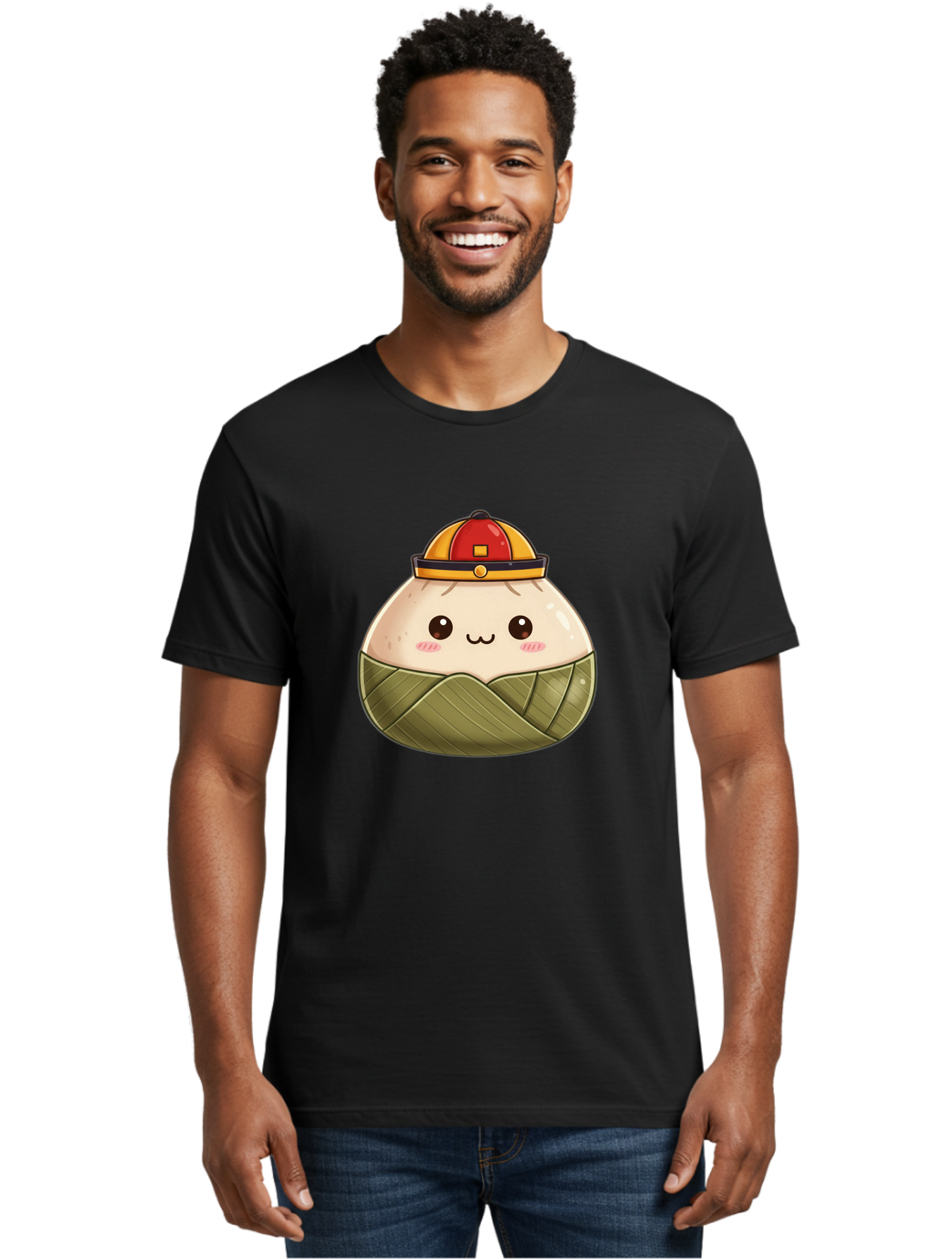 Dumpling-In-Firefighter-Hat Men'S Graphic Tee, 100% Cotton, Comfortable Casual Summer Wear, Machine Washable, Cartoon Baozi, Firefighter Hat, Red And Yellow, Cute Character, Steamed Bun, Kawaii Food, Chinese Cuisine, Adorable Illustration, Baa569