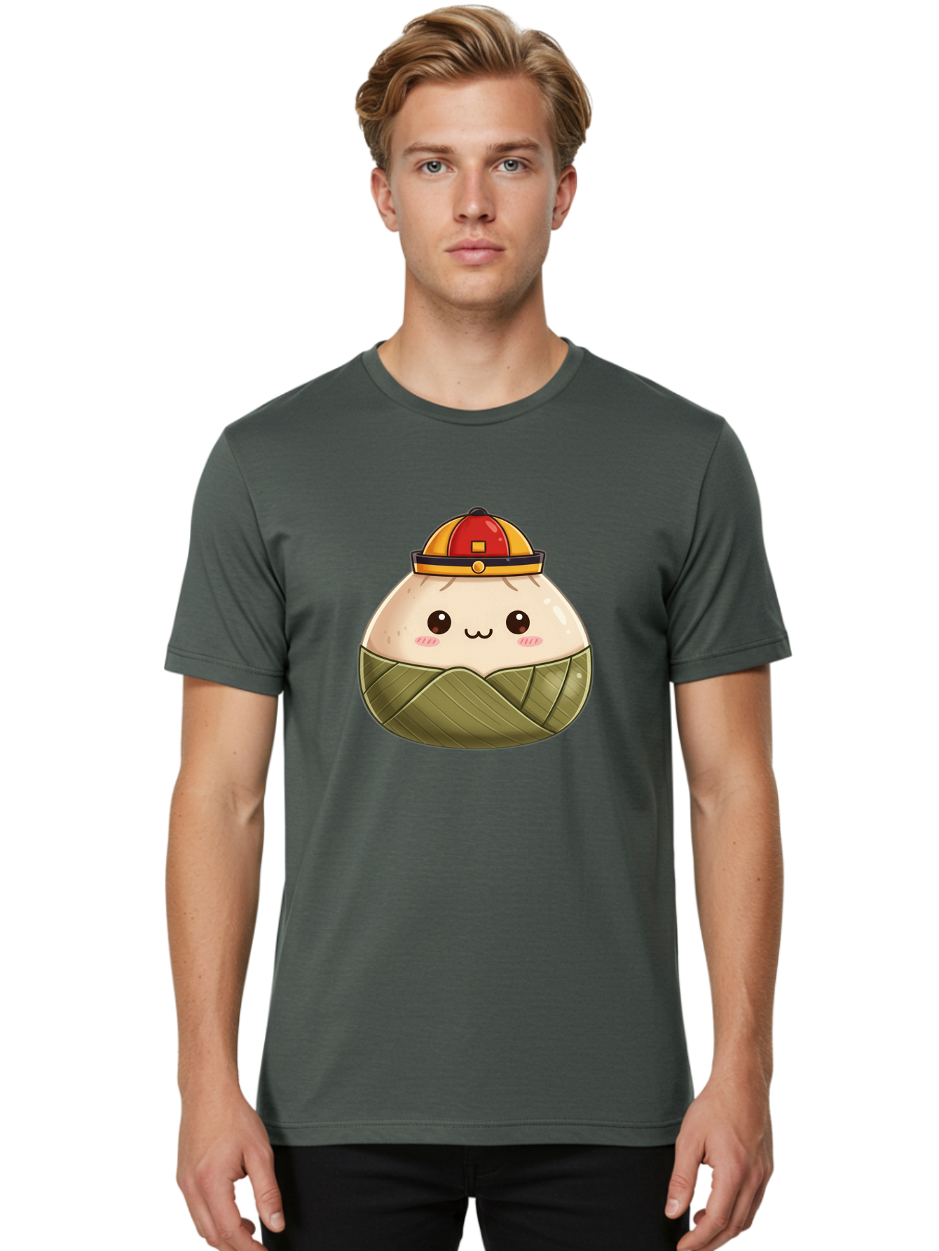 Dumpling-In-Firefighter-Hat Men'S Graphic Tee, 100% Cotton, Comfortable Casual Summer Wear, Machine Washable, Cartoon Baozi, Firefighter Hat, Red And Yellow, Cute Character, Steamed Bun, Kawaii Food, Chinese Cuisine, Adorable Illustration, Baa569