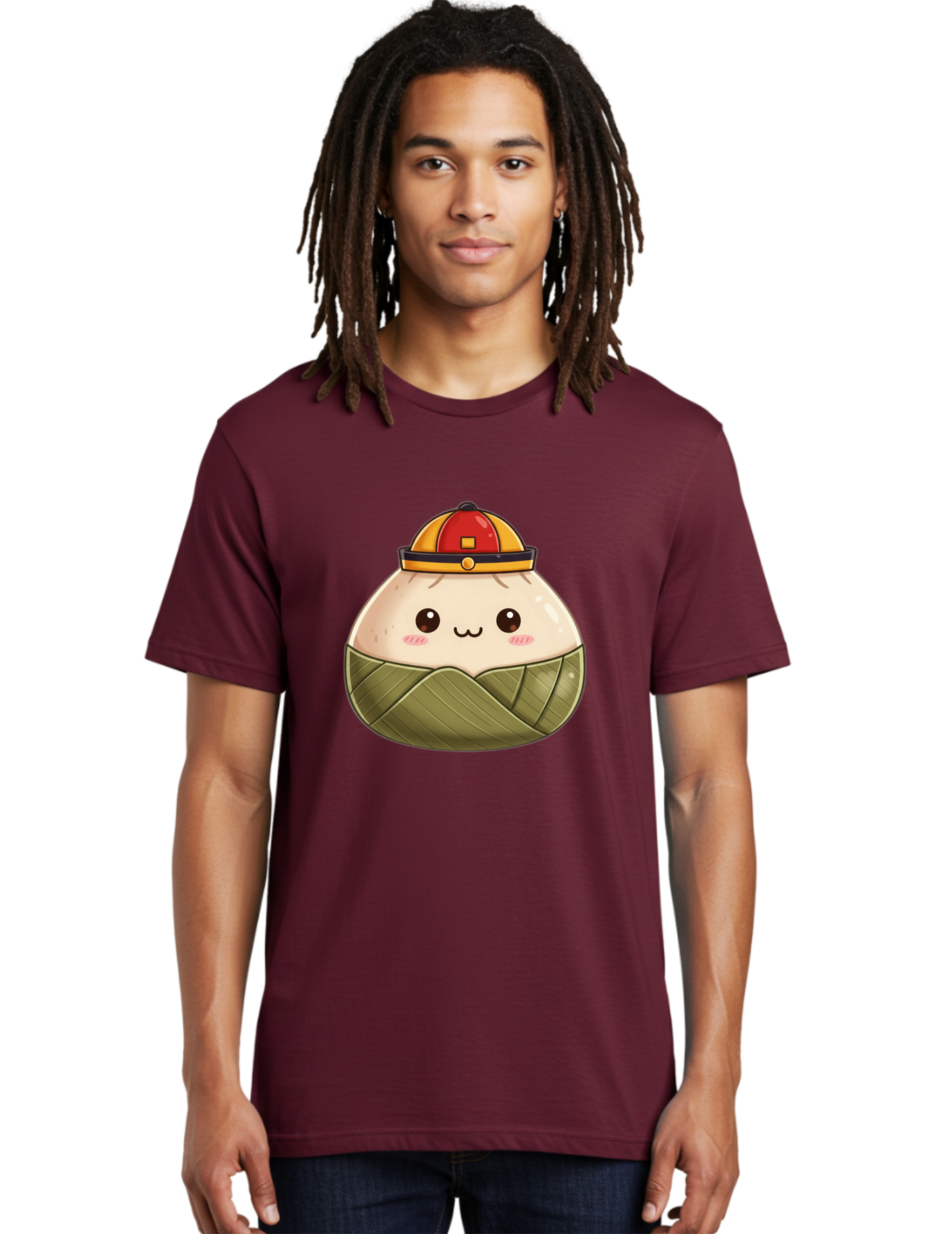 Dumpling-In-Firefighter-Hat Men'S Graphic Tee, 100% Cotton, Comfortable Casual Summer Wear, Machine Washable, Cartoon Baozi, Firefighter Hat, Red And Yellow, Cute Character, Steamed Bun, Kawaii Food, Chinese Cuisine, Adorable Illustration, Baa569