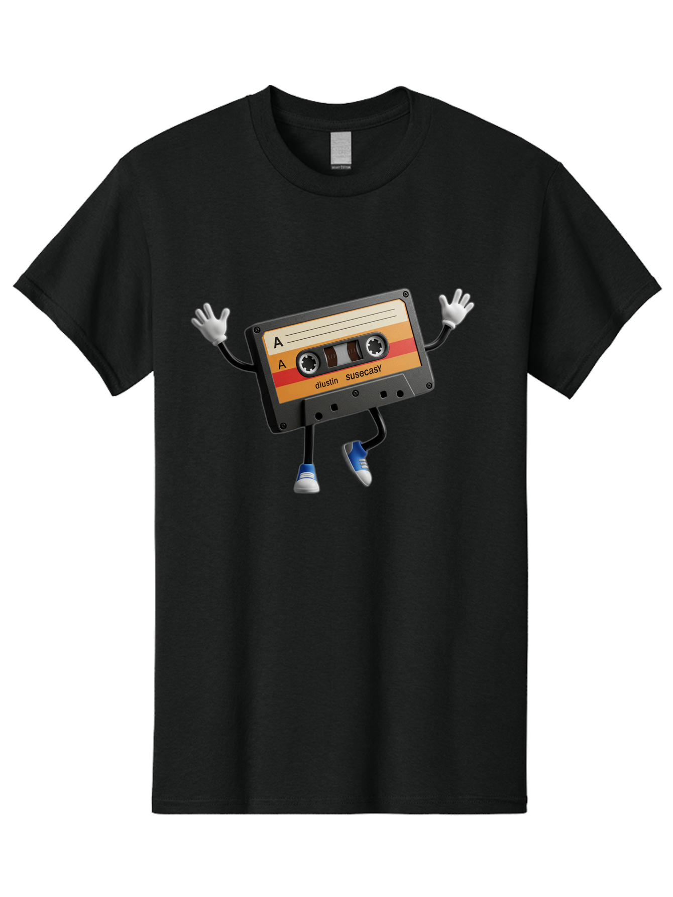 Dustin-Susacasy-Cassette Men'S Graphic Tee, 100% Cotton, Comfortable Casual Summer Wear, Machine Washable, Retro Cassette Tape Character, Vintage Music Format, Nostalgic Design, Animated Object, Dancin' Mixtape, Funky Art Style, Playful Vibe, Baa571