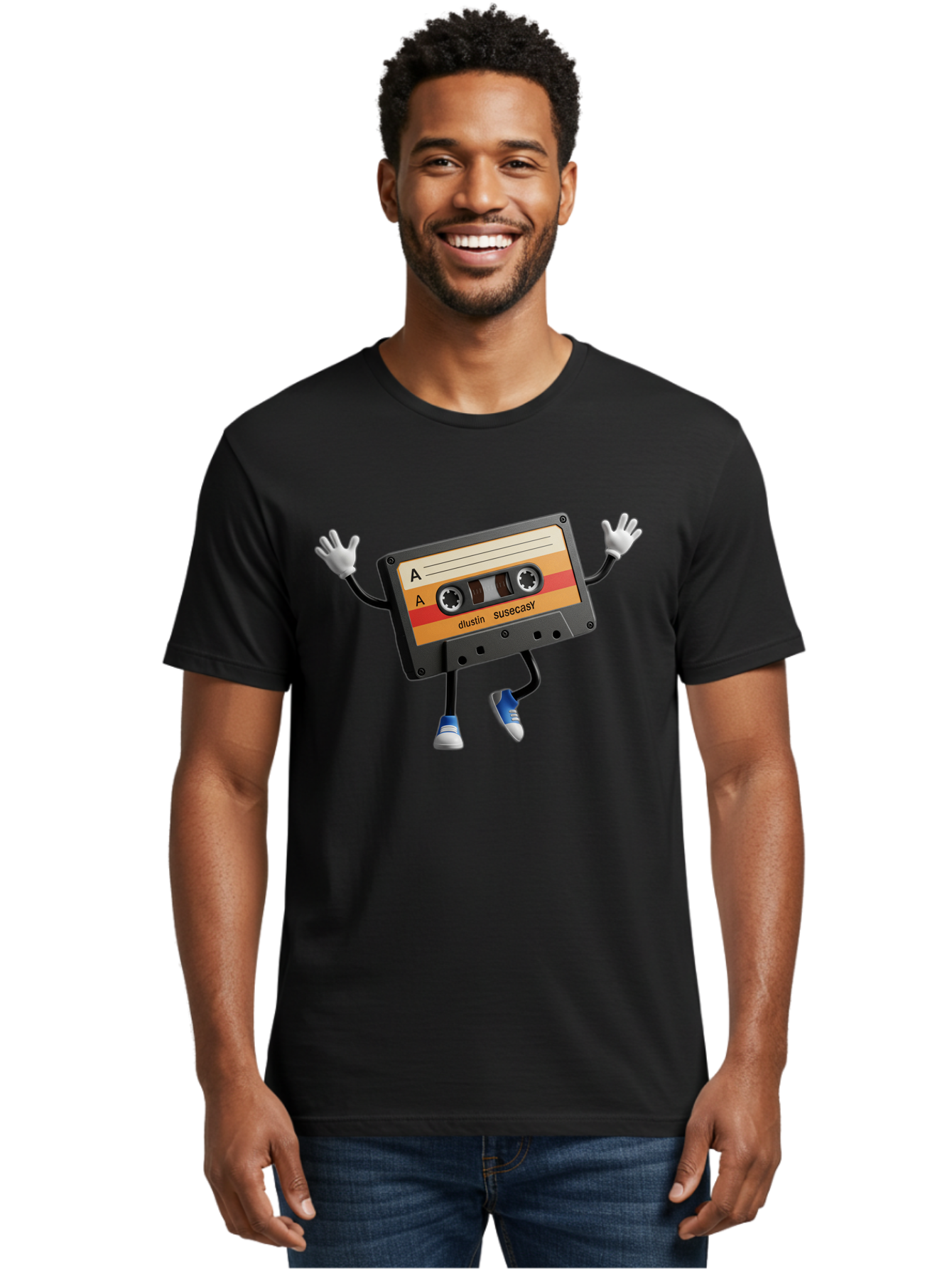 Dustin-Susacasy-Cassette Men'S Graphic Tee, 100% Cotton, Comfortable Casual Summer Wear, Machine Washable, Retro Cassette Tape Character, Vintage Music Format, Nostalgic Design, Animated Object, Dancin' Mixtape, Funky Art Style, Playful Vibe, Baa571