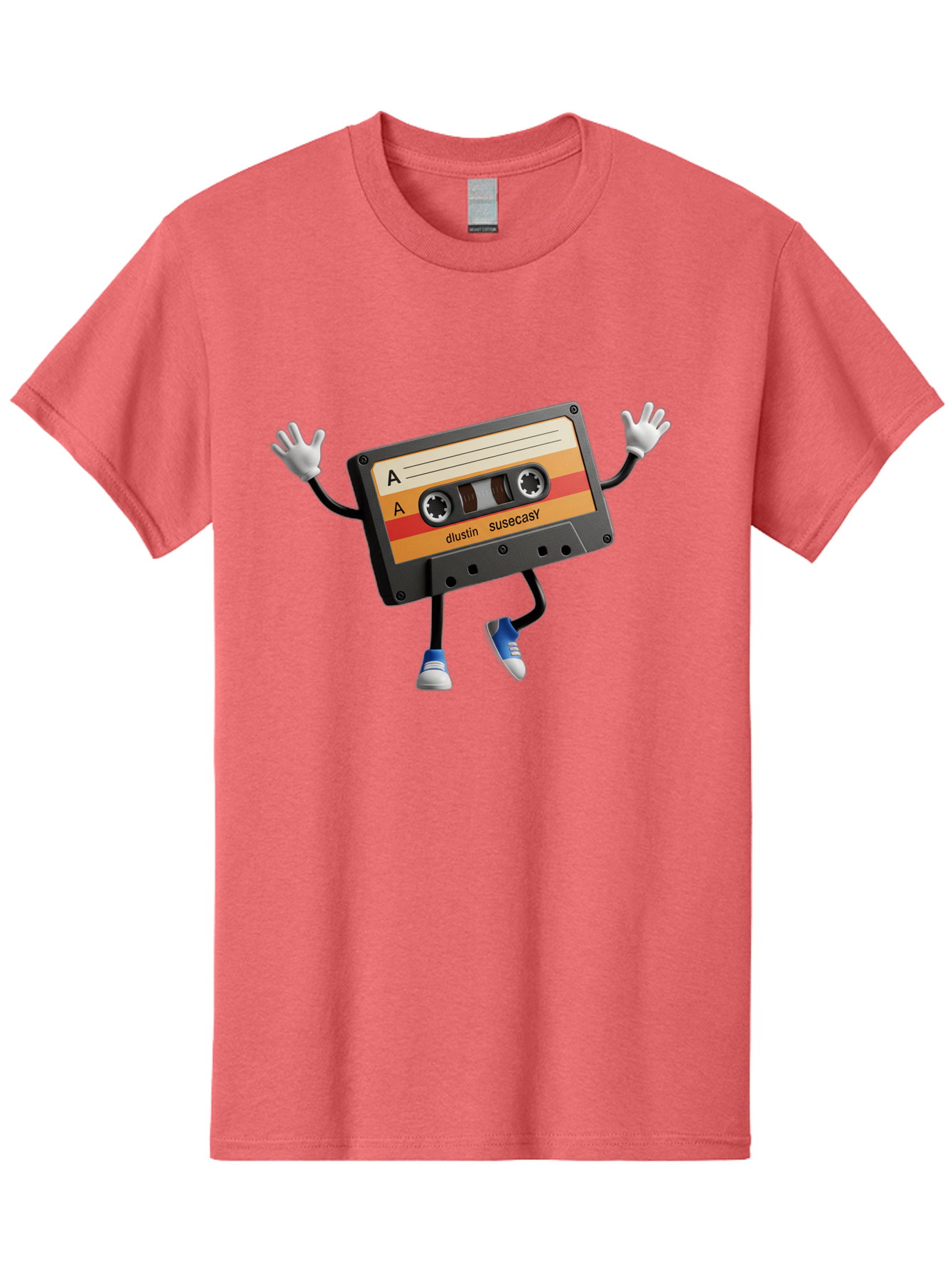 Dustin-Susacasy-Cassette Men'S Graphic Tee, 100% Cotton, Comfortable Casual Summer Wear, Machine Washable, Retro Cassette Tape Character, Vintage Music Format, Nostalgic Design, Animated Object, Dancin' Mixtape, Funky Art Style, Playful Vibe, Baa571