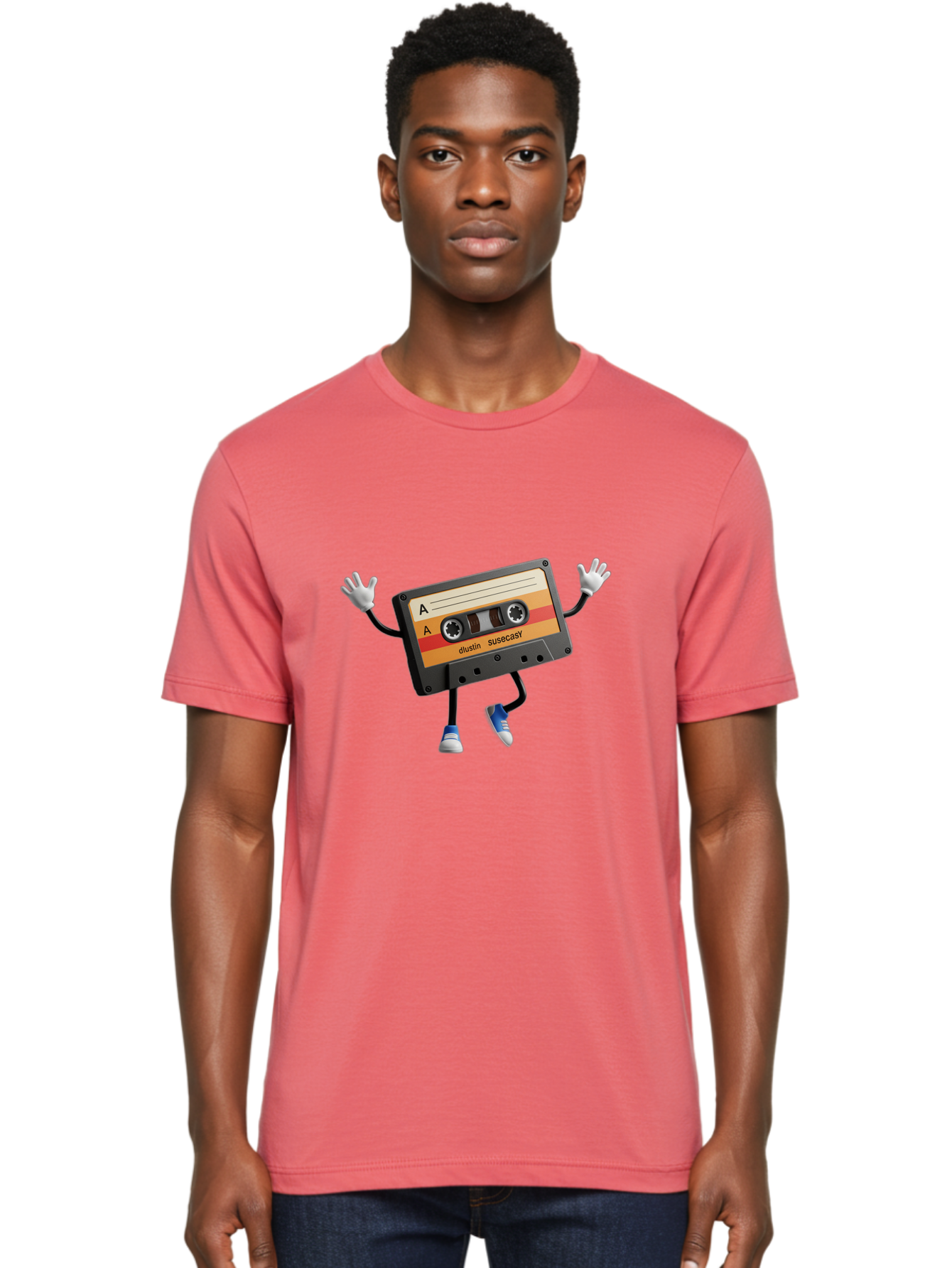 Dustin-Susacasy-Cassette Men'S Graphic Tee, 100% Cotton, Comfortable Casual Summer Wear, Machine Washable, Retro Cassette Tape Character, Vintage Music Format, Nostalgic Design, Animated Object, Dancin' Mixtape, Funky Art Style, Playful Vibe, Baa571