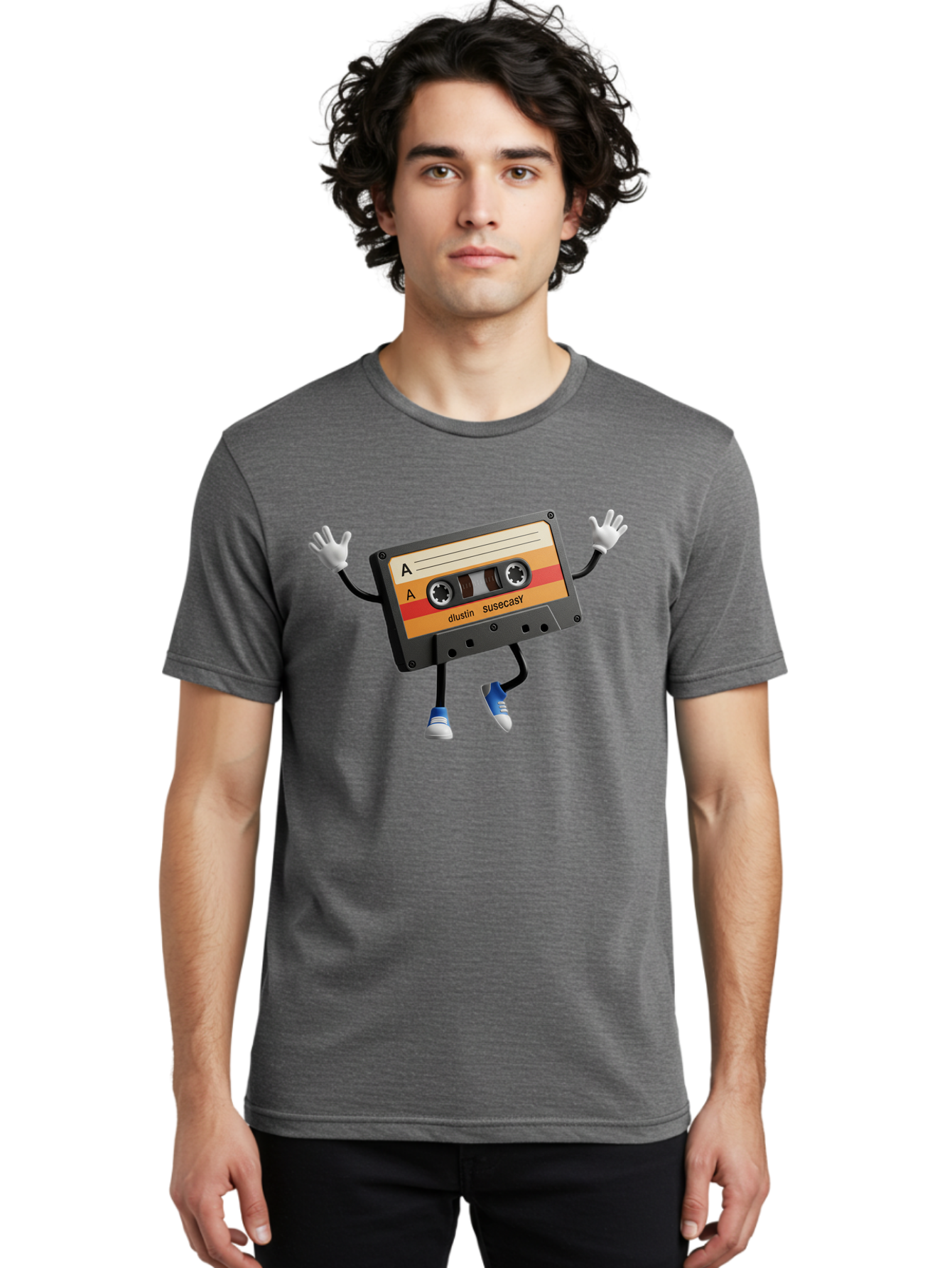 Dustin-Susacasy-Cassette Men'S Graphic Tee, 100% Cotton, Comfortable Casual Summer Wear, Machine Washable, Retro Cassette Tape Character, Vintage Music Format, Nostalgic Design, Animated Object, Dancin' Mixtape, Funky Art Style, Playful Vibe, Baa571