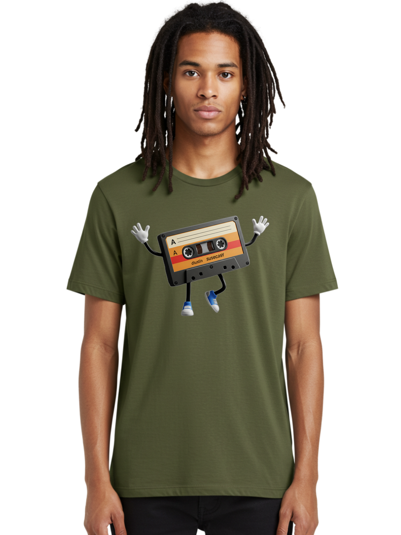 Dustin-Susacasy-Cassette Men'S Graphic Tee, 100% Cotton, Comfortable Casual Summer Wear, Machine Washable, Retro Cassette Tape Character, Vintage Music Format, Nostalgic Design, Animated Object, Dancin' Mixtape, Funky Art Style, Playful Vibe, Baa571