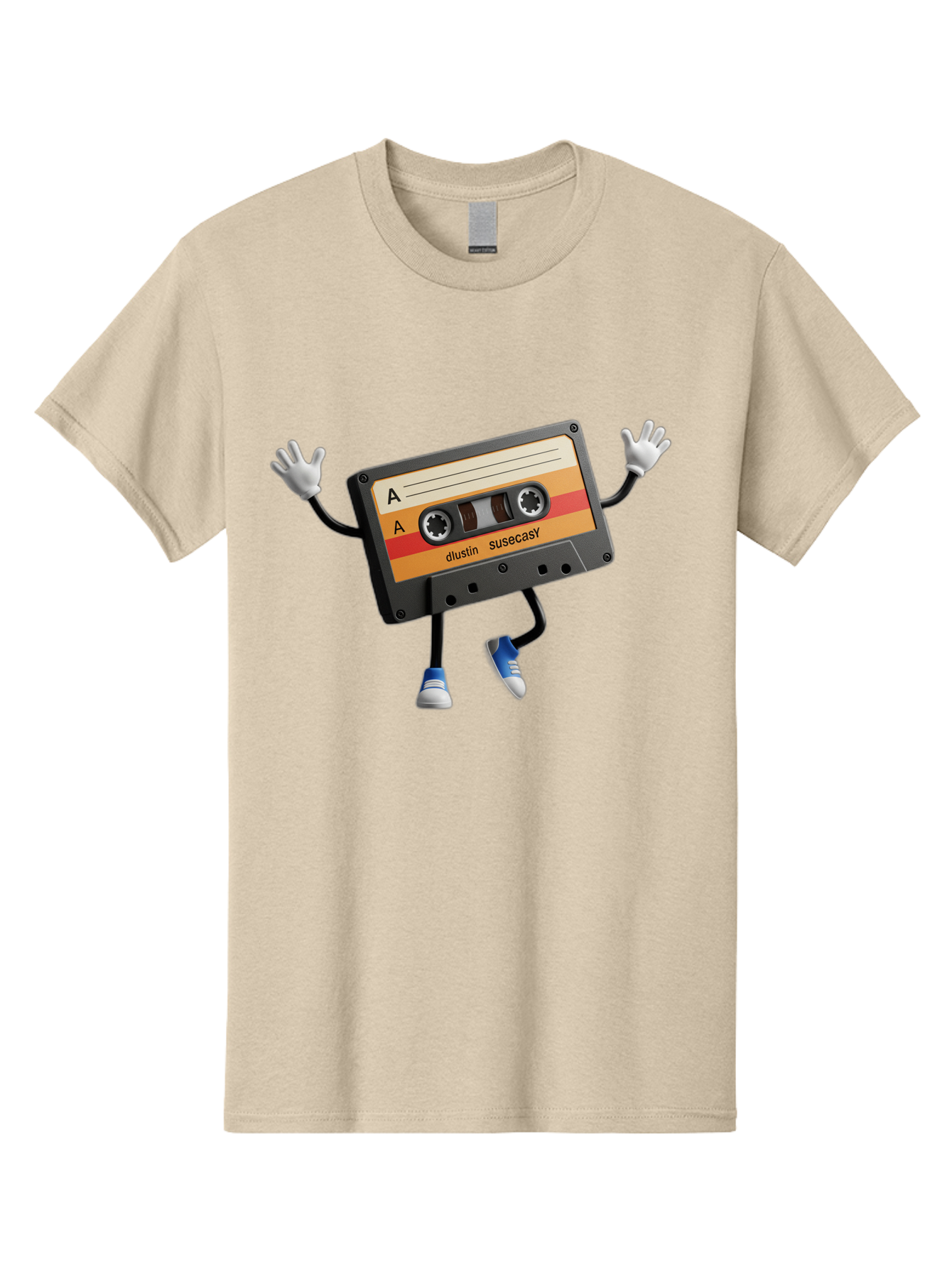 Dustin-Susacasy-Cassette Men'S Graphic Tee, 100% Cotton, Comfortable Casual Summer Wear, Machine Washable, Retro Cassette Tape Character, Vintage Music Format, Nostalgic Design, Animated Object, Dancin' Mixtape, Funky Art Style, Playful Vibe, Baa571