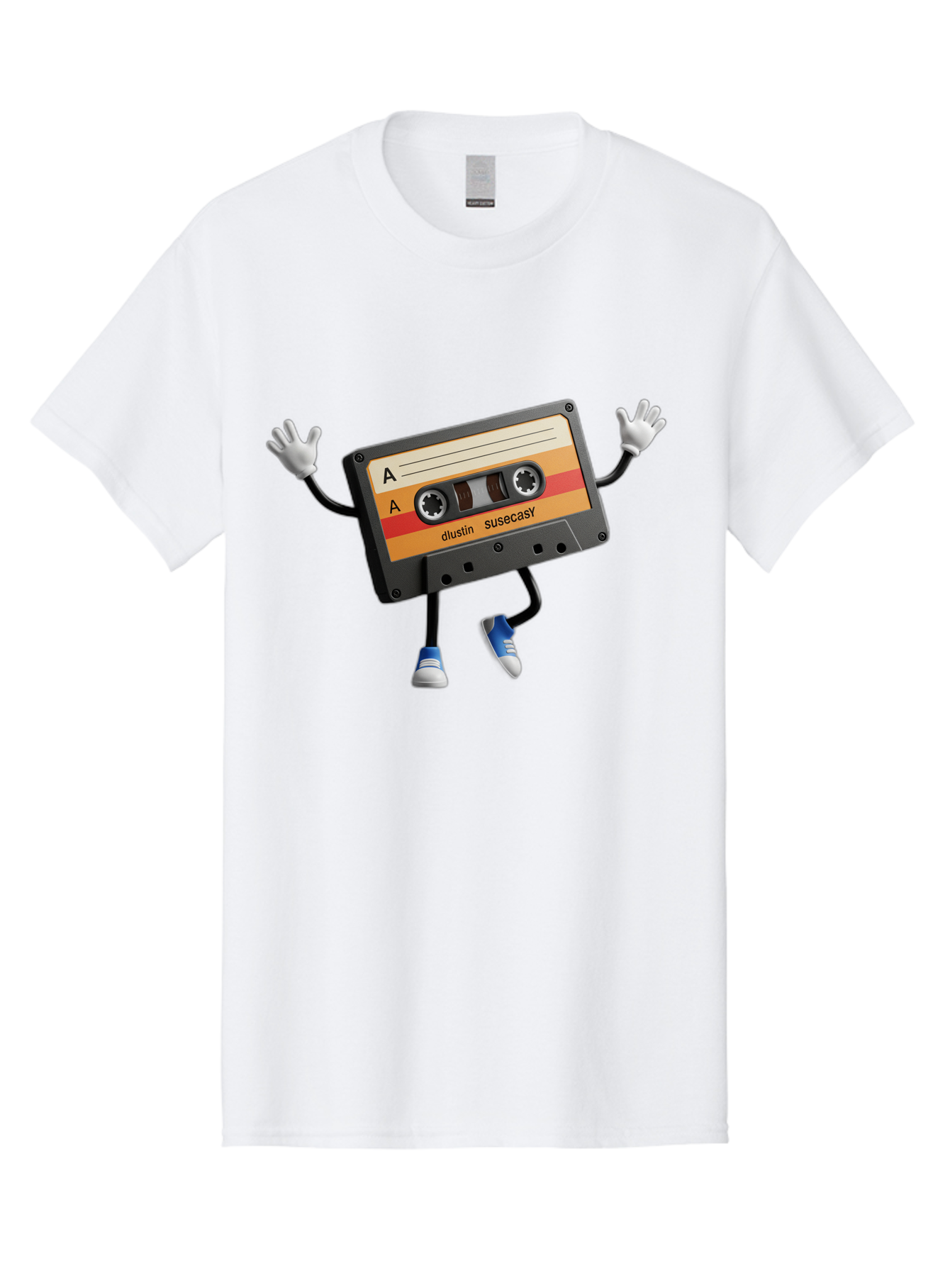 Dustin-Susacasy-Cassette Men'S Graphic Tee, 100% Cotton, Comfortable Casual Summer Wear, Machine Washable, Retro Cassette Tape Character, Vintage Music Format, Nostalgic Design, Animated Object, Dancin' Mixtape, Funky Art Style, Playful Vibe, Baa571