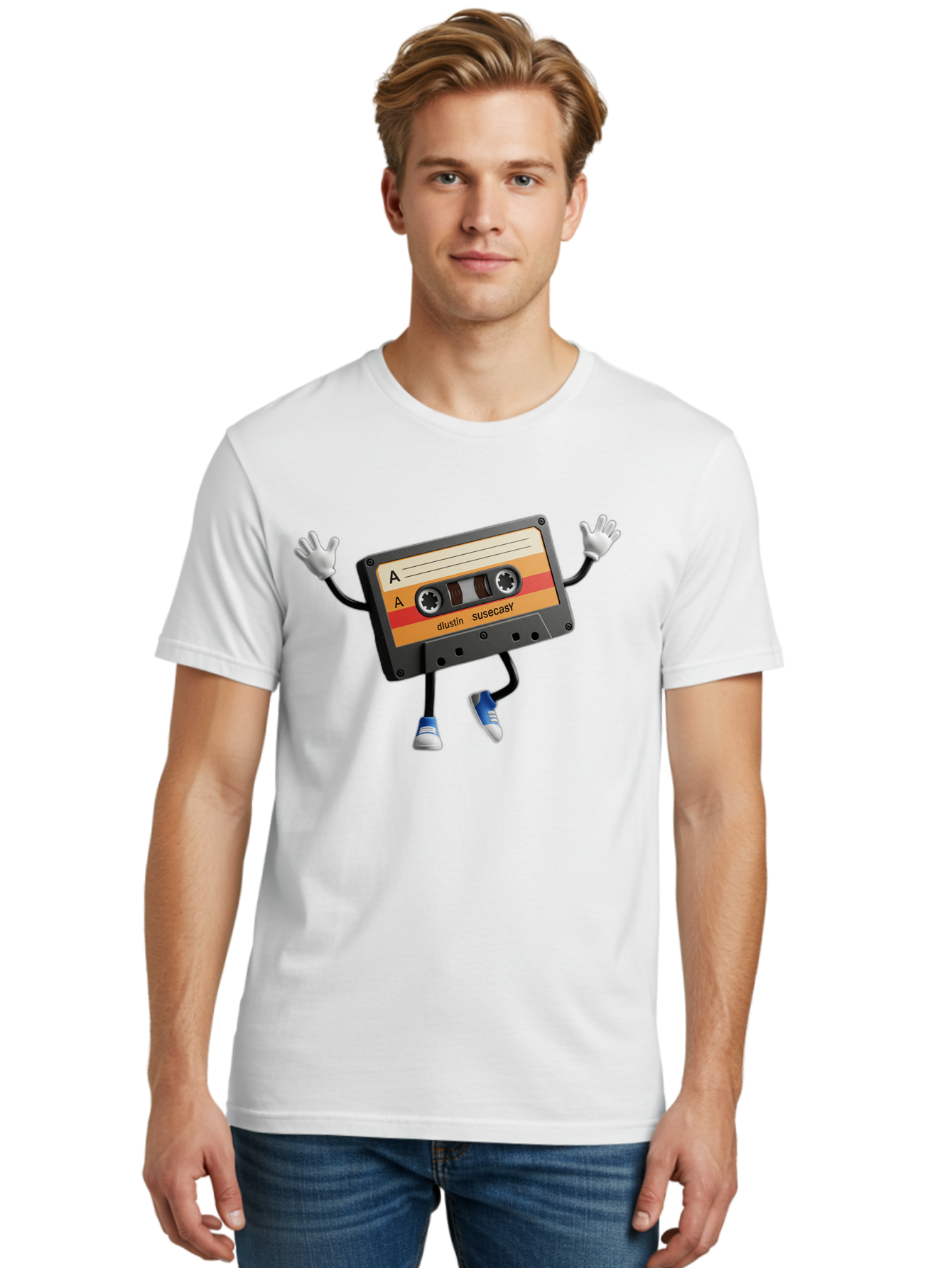 Dustin-Susacasy-Cassette Men'S Graphic Tee, 100% Cotton, Comfortable Casual Summer Wear, Machine Washable, Retro Cassette Tape Character, Vintage Music Format, Nostalgic Design, Animated Object, Dancin' Mixtape, Funky Art Style, Playful Vibe, Baa571