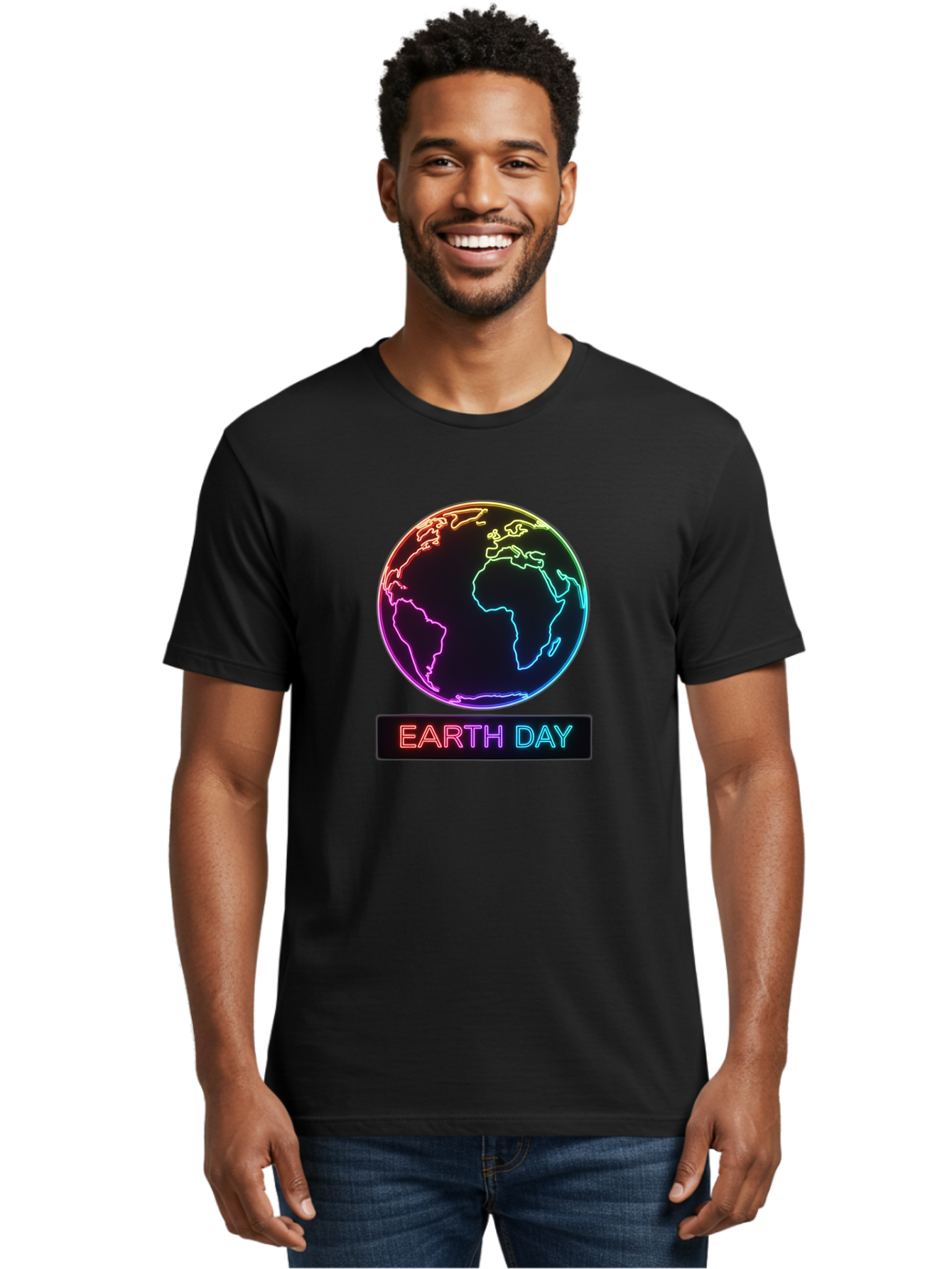 Earth-Day-1 Men'S Graphic Tee, 100% Cotton, Comfortable Casual Summer Wear, Machine Washable, Earth Day, Planet Earth, Globe, Neon Lights, Colorful Graphics, Environmental Awareness, Conservation, Sustainability, Eco-Friendly, World Map Baa573
