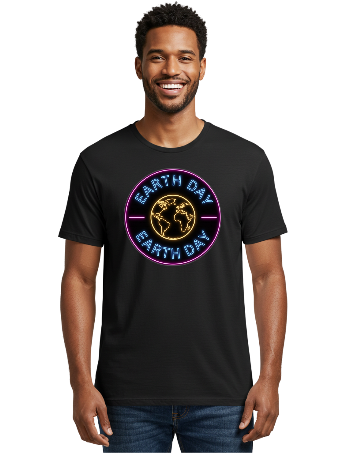 Earth-Day Men'S Graphic Tee, 100% Cotton, Comfortable Casual Summer Wear, Machine Washable, Earth Day Logo, Neon Sign, Global Awareness, Environmental Conservation, Eco-Friendly, Sustainability, Planet Earth Baa574