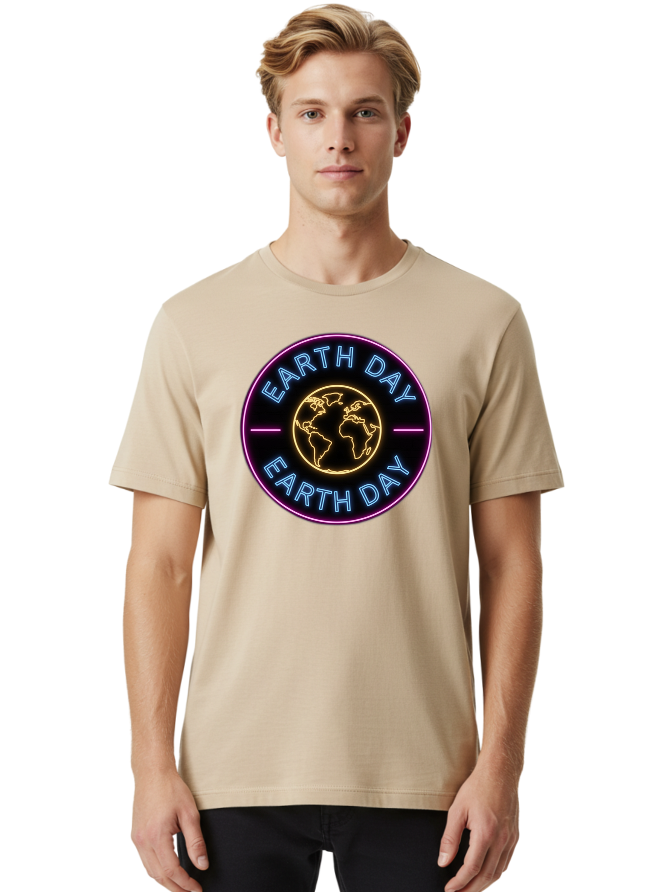Earth-Day Men'S Graphic Tee, 100% Cotton, Comfortable Casual Summer Wear, Machine Washable, Earth Day Logo, Neon Sign, Global Awareness, Environmental Conservation, Eco-Friendly, Sustainability, Planet Earth Baa574