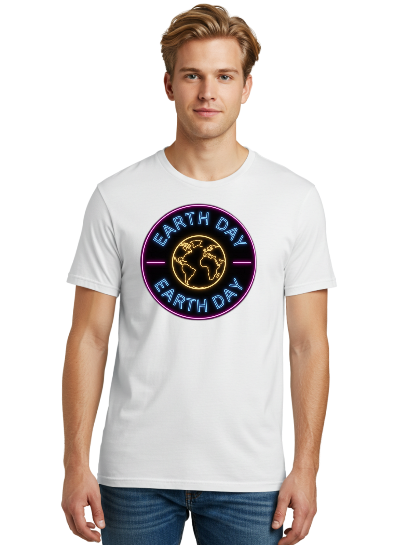 Earth-Day Men'S Graphic Tee, 100% Cotton, Comfortable Casual Summer Wear, Machine Washable, Earth Day Logo, Neon Sign, Global Awareness, Environmental Conservation, Eco-Friendly, Sustainability, Planet Earth Baa574