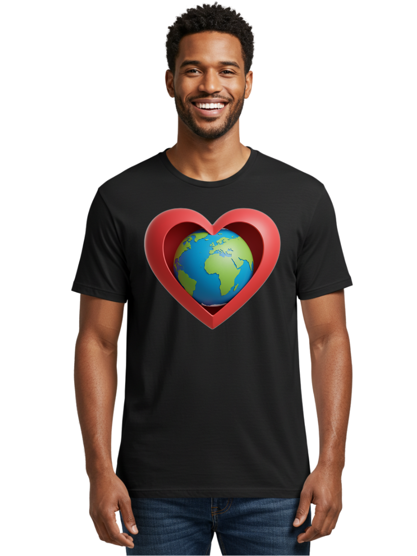 Earth-In-Heart-1 Men'S Graphic Tee, 100% Cotton, Comfortable Casual Summer Wear, Machine Washable, Globe Inside A Heart, 3D Rendering, Symbol Of Love For Earth, Environmental Awareness, Eco-Friendly, Global Unity, Caring For Planet Baa581