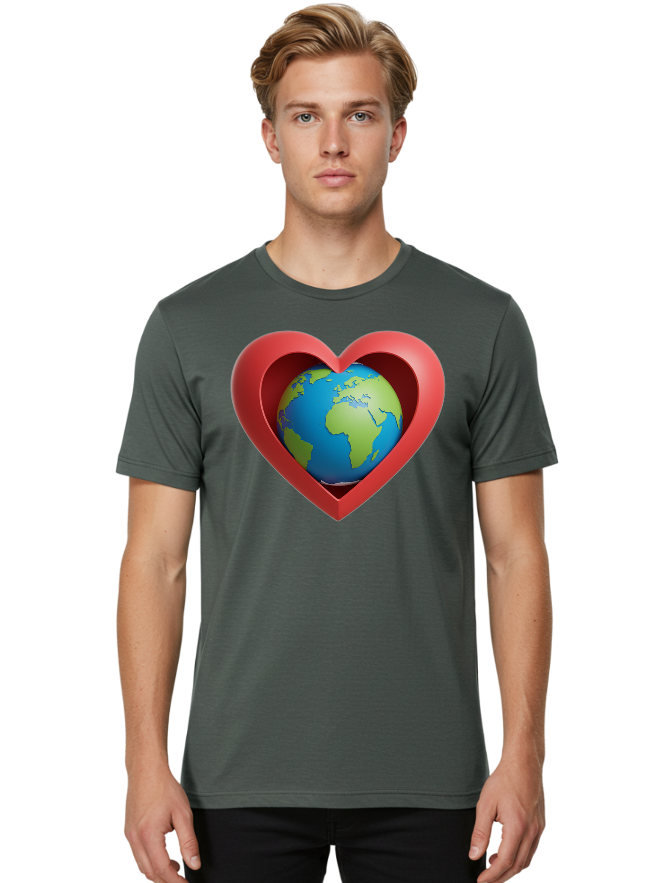 Earth-In-Heart-1 Men'S Graphic Tee, 100% Cotton, Comfortable Casual Summer Wear, Machine Washable, Globe Inside A Heart, 3D Rendering, Symbol Of Love For Earth, Environmental Awareness, Eco-Friendly, Global Unity, Caring For Planet Baa581