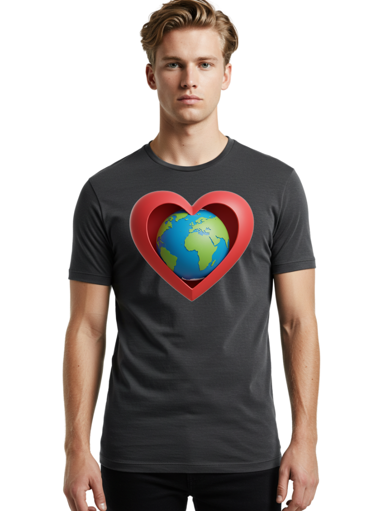 Earth-In-Heart-1 Men'S Graphic Tee, 100% Cotton, Comfortable Casual Summer Wear, Machine Washable, Globe Inside A Heart, 3D Rendering, Symbol Of Love For Earth, Environmental Awareness, Eco-Friendly, Global Unity, Caring For Planet Baa581