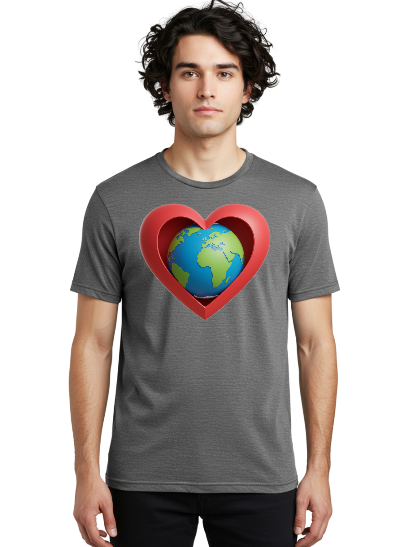 Earth-In-Heart-1 Men'S Graphic Tee, 100% Cotton, Comfortable Casual Summer Wear, Machine Washable, Globe Inside A Heart, 3D Rendering, Symbol Of Love For Earth, Environmental Awareness, Eco-Friendly, Global Unity, Caring For Planet Baa581