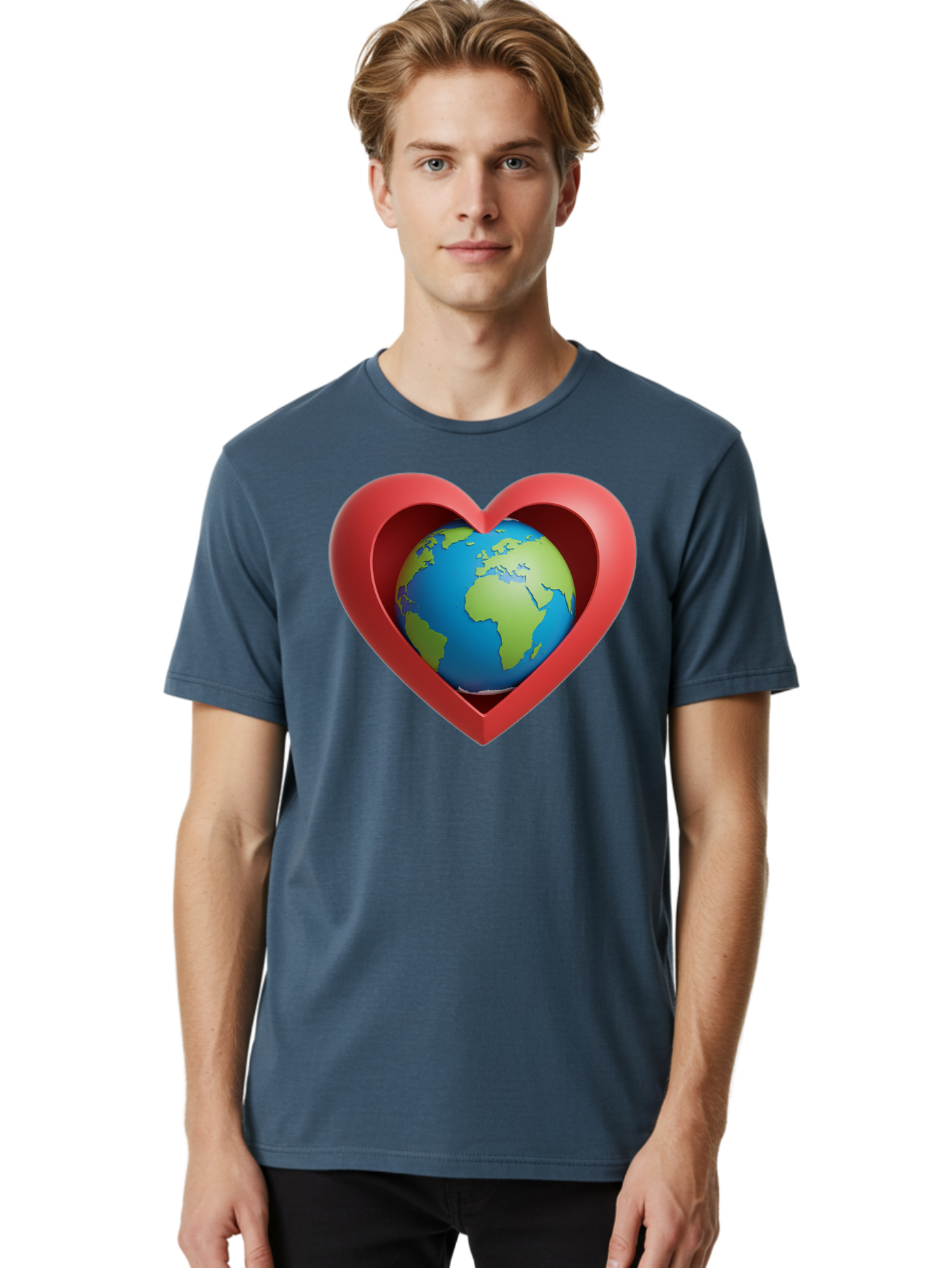 Earth-In-Heart-1 Men'S Graphic Tee, 100% Cotton, Comfortable Casual Summer Wear, Machine Washable, Globe Inside A Heart, 3D Rendering, Symbol Of Love For Earth, Environmental Awareness, Eco-Friendly, Global Unity, Caring For Planet Baa581