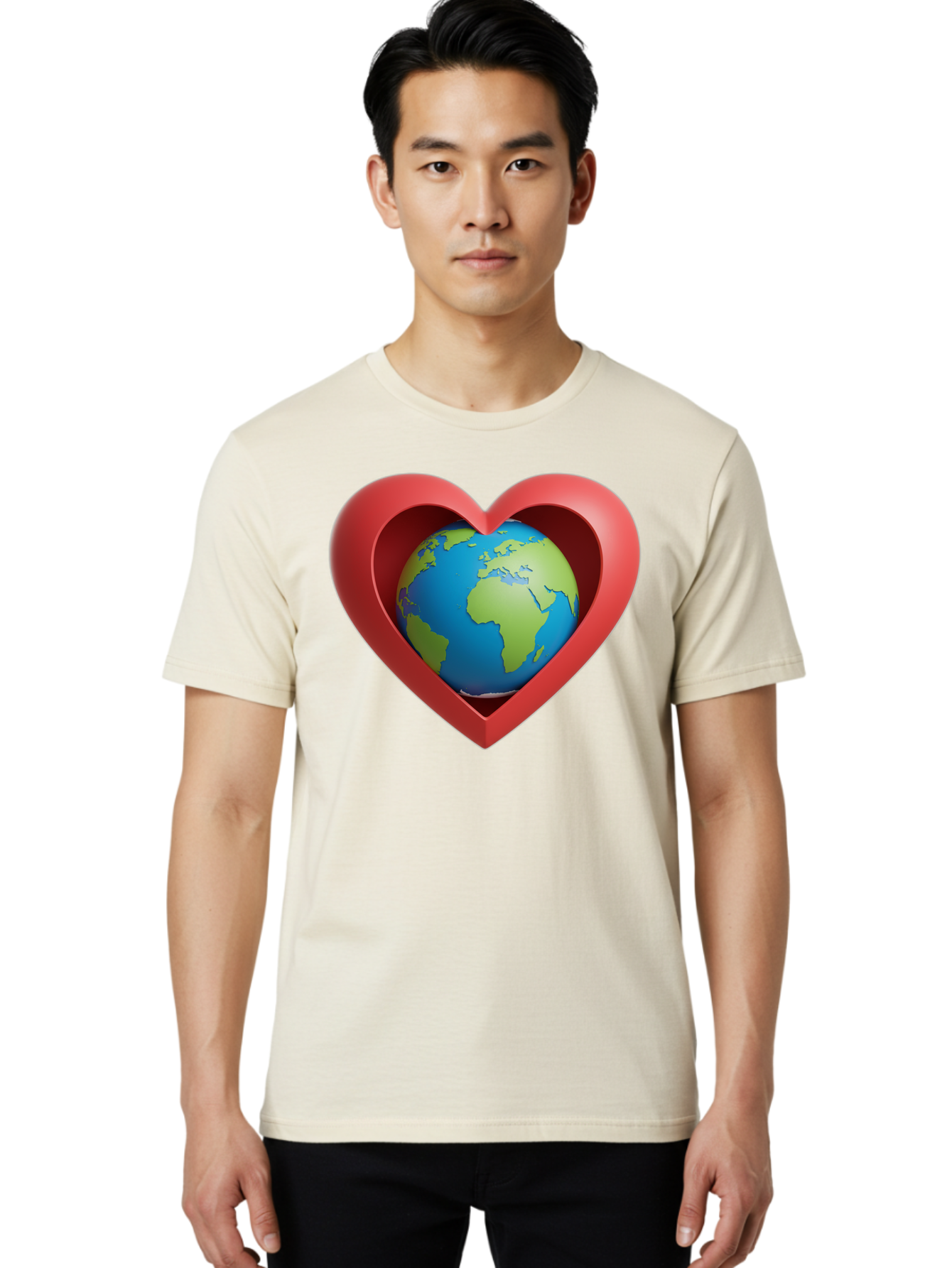Earth-In-Heart-1 Men'S Graphic Tee, 100% Cotton, Comfortable Casual Summer Wear, Machine Washable, Globe Inside A Heart, 3D Rendering, Symbol Of Love For Earth, Environmental Awareness, Eco-Friendly, Global Unity, Caring For Planet Baa581