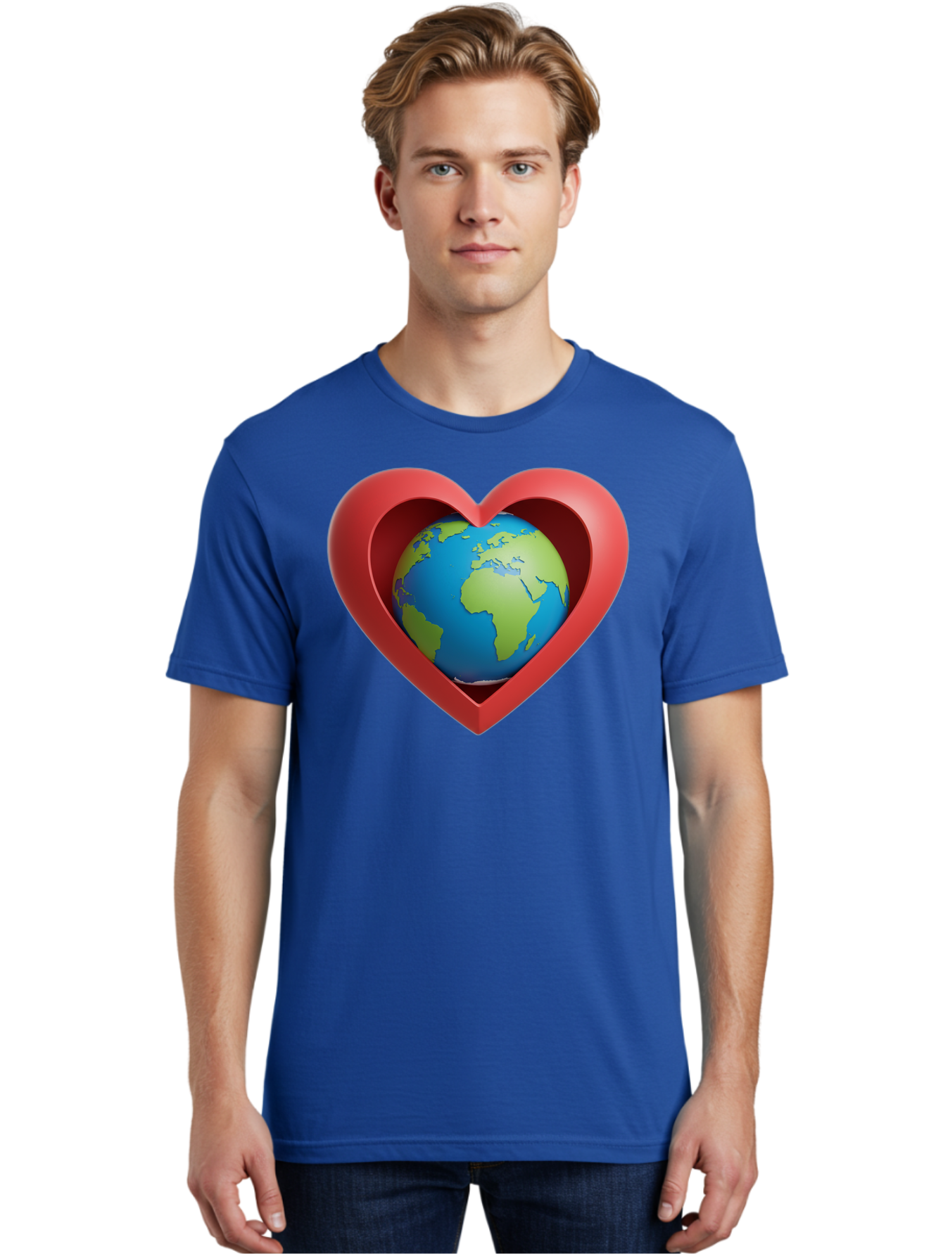 Earth-In-Heart-1 Men'S Graphic Tee, 100% Cotton, Comfortable Casual Summer Wear, Machine Washable, Globe Inside A Heart, 3D Rendering, Symbol Of Love For Earth, Environmental Awareness, Eco-Friendly, Global Unity, Caring For Planet Baa581