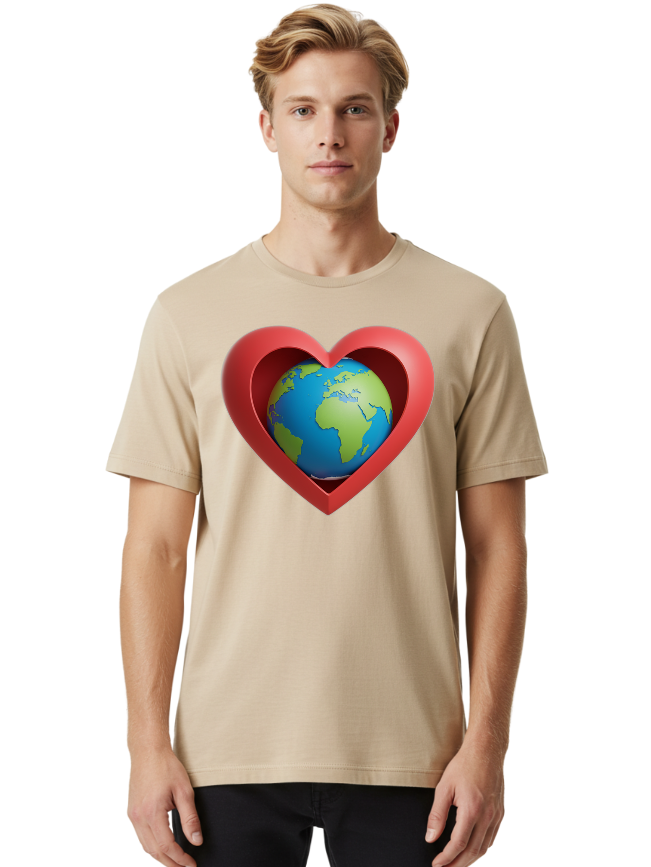 Earth-In-Heart-1 Men'S Graphic Tee, 100% Cotton, Comfortable Casual Summer Wear, Machine Washable, Globe Inside A Heart, 3D Rendering, Symbol Of Love For Earth, Environmental Awareness, Eco-Friendly, Global Unity, Caring For Planet Baa581