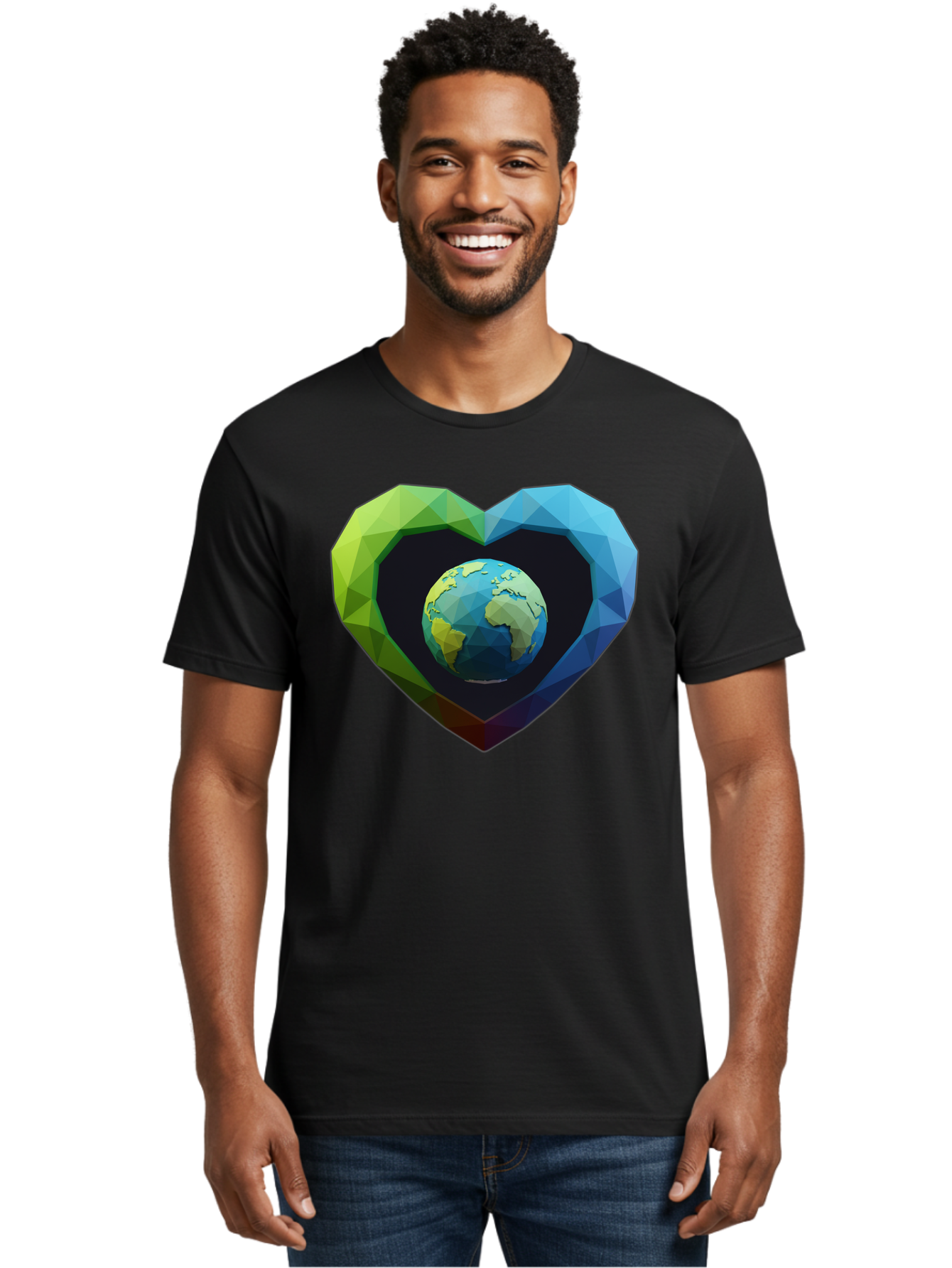 Earth-In-Heart-2 Men'S Graphic Tee, 100% Cotton, Comfortable Casual Summer Wear, Machine Washable, Globe In The Heart, Low Poly Art, Earth Love, Eco Friendly, Environmental Awareness, Blue And Green Hues, Polygonal Heart, Earth Centered, Baa582