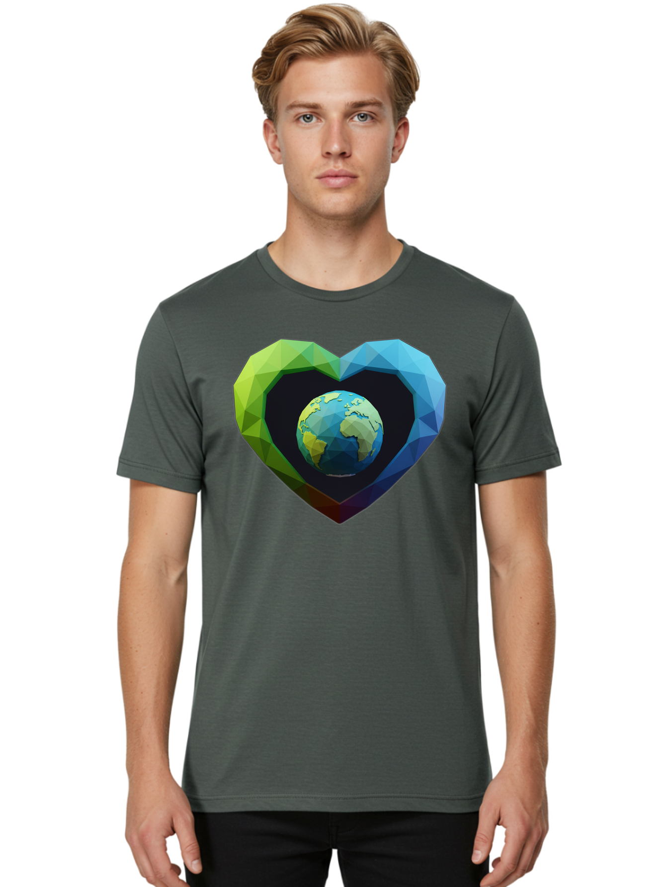 Earth-In-Heart-2 Men'S Graphic Tee, 100% Cotton, Comfortable Casual Summer Wear, Machine Washable, Globe In The Heart, Low Poly Art, Earth Love, Eco Friendly, Environmental Awareness, Blue And Green Hues, Polygonal Heart, Earth Centered, Baa582