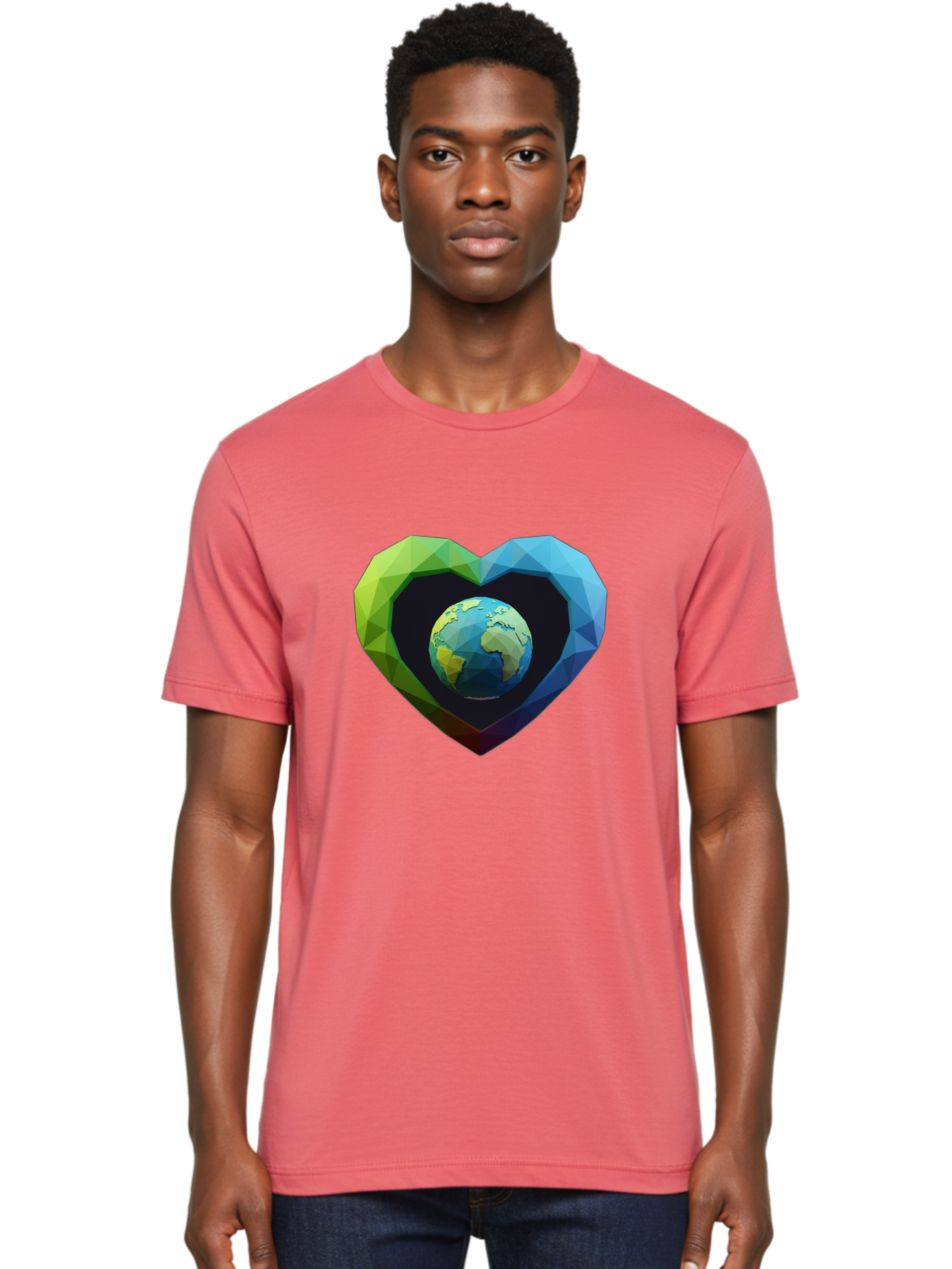 Earth-In-Heart-2 Men'S Graphic Tee, 100% Cotton, Comfortable Casual Summer Wear, Machine Washable, Globe In The Heart, Low Poly Art, Earth Love, Eco Friendly, Environmental Awareness, Blue And Green Hues, Polygonal Heart, Earth Centered, Baa582