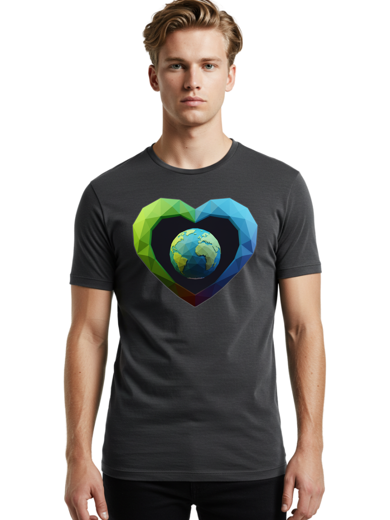Earth-In-Heart-2 Men'S Graphic Tee, 100% Cotton, Comfortable Casual Summer Wear, Machine Washable, Globe In The Heart, Low Poly Art, Earth Love, Eco Friendly, Environmental Awareness, Blue And Green Hues, Polygonal Heart, Earth Centered, Baa582