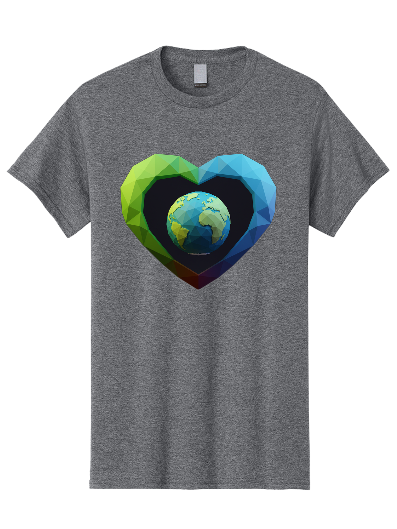 Earth-In-Heart-2 Men'S Graphic Tee, 100% Cotton, Comfortable Casual Summer Wear, Machine Washable, Globe In The Heart, Low Poly Art, Earth Love, Eco Friendly, Environmental Awareness, Blue And Green Hues, Polygonal Heart, Earth Centered, Baa582