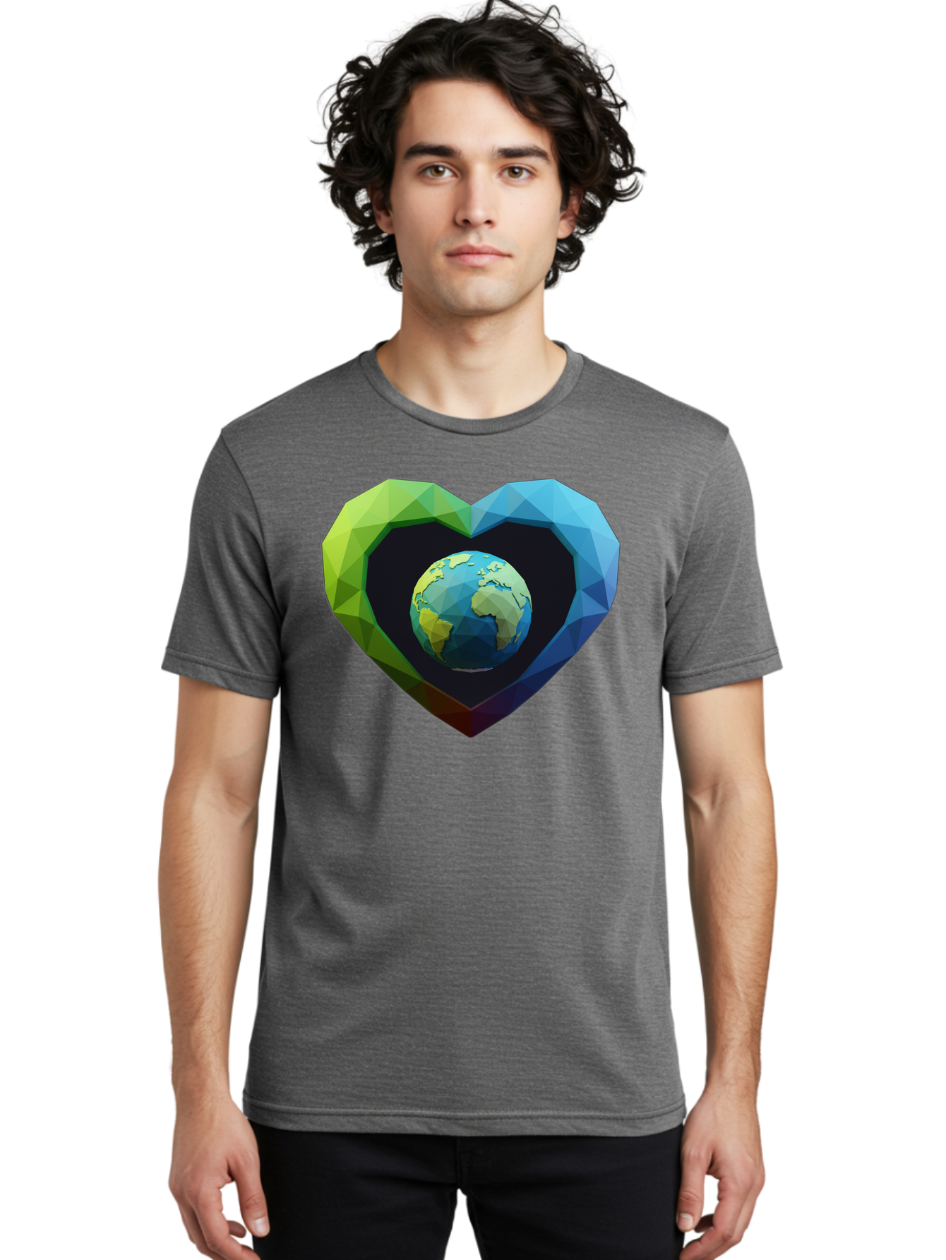 Earth-In-Heart-2 Men'S Graphic Tee, 100% Cotton, Comfortable Casual Summer Wear, Machine Washable, Globe In The Heart, Low Poly Art, Earth Love, Eco Friendly, Environmental Awareness, Blue And Green Hues, Polygonal Heart, Earth Centered, Baa582