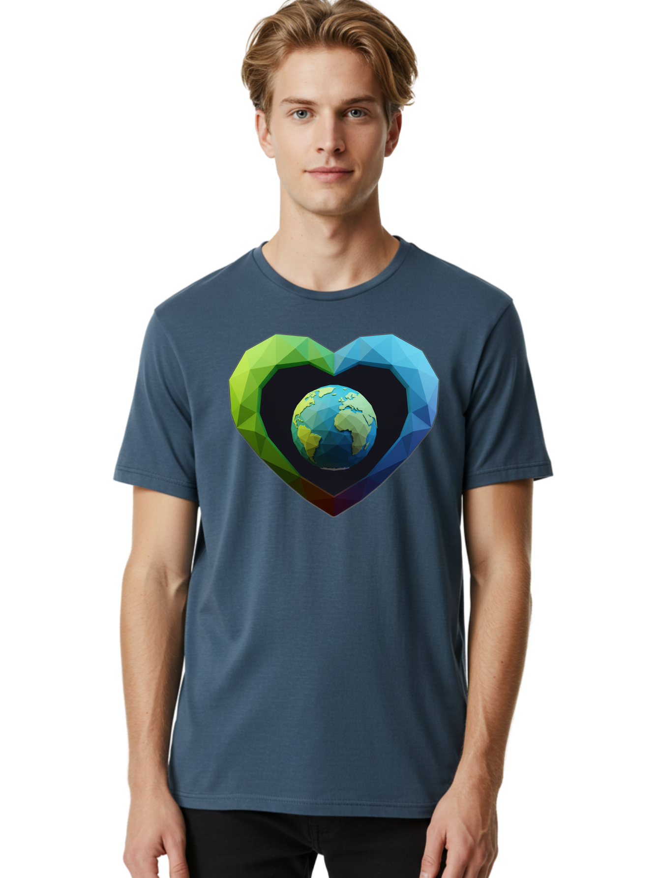 Earth-In-Heart-2 Men'S Graphic Tee, 100% Cotton, Comfortable Casual Summer Wear, Machine Washable, Globe In The Heart, Low Poly Art, Earth Love, Eco Friendly, Environmental Awareness, Blue And Green Hues, Polygonal Heart, Earth Centered, Baa582