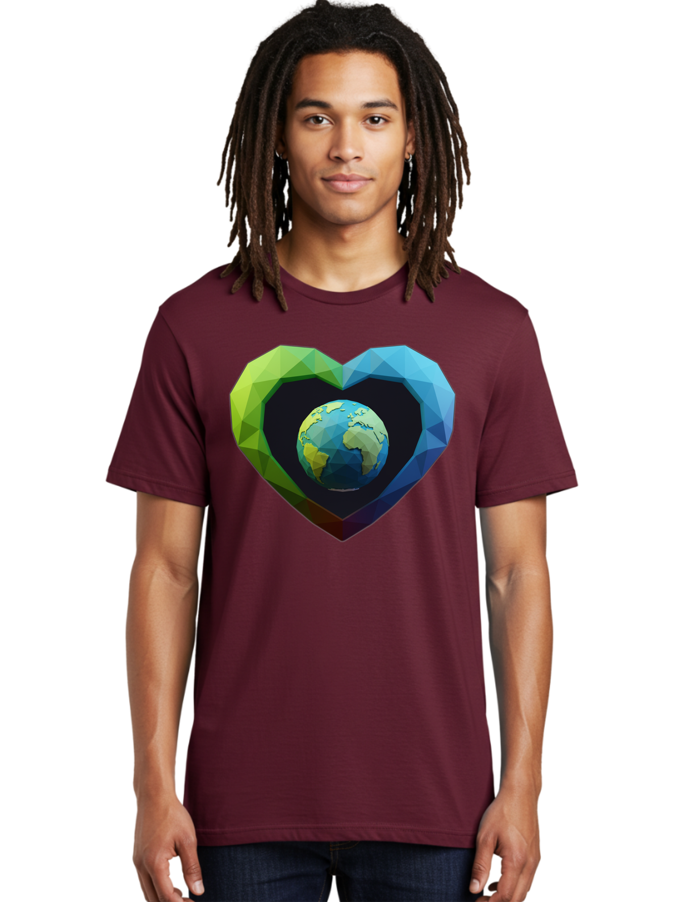 Earth-In-Heart-2 Men'S Graphic Tee, 100% Cotton, Comfortable Casual Summer Wear, Machine Washable, Globe In The Heart, Low Poly Art, Earth Love, Eco Friendly, Environmental Awareness, Blue And Green Hues, Polygonal Heart, Earth Centered, Baa582