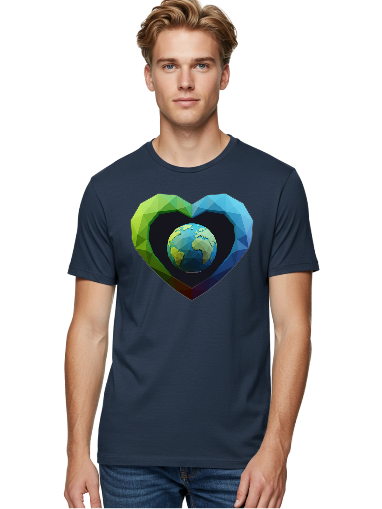 Earth-In-Heart-2 Men'S Graphic Tee, 100% Cotton, Comfortable Casual Summer Wear, Machine Washable, Globe In The Heart, Low Poly Art, Earth Love, Eco Friendly, Environmental Awareness, Blue And Green Hues, Polygonal Heart, Earth Centered, Baa582