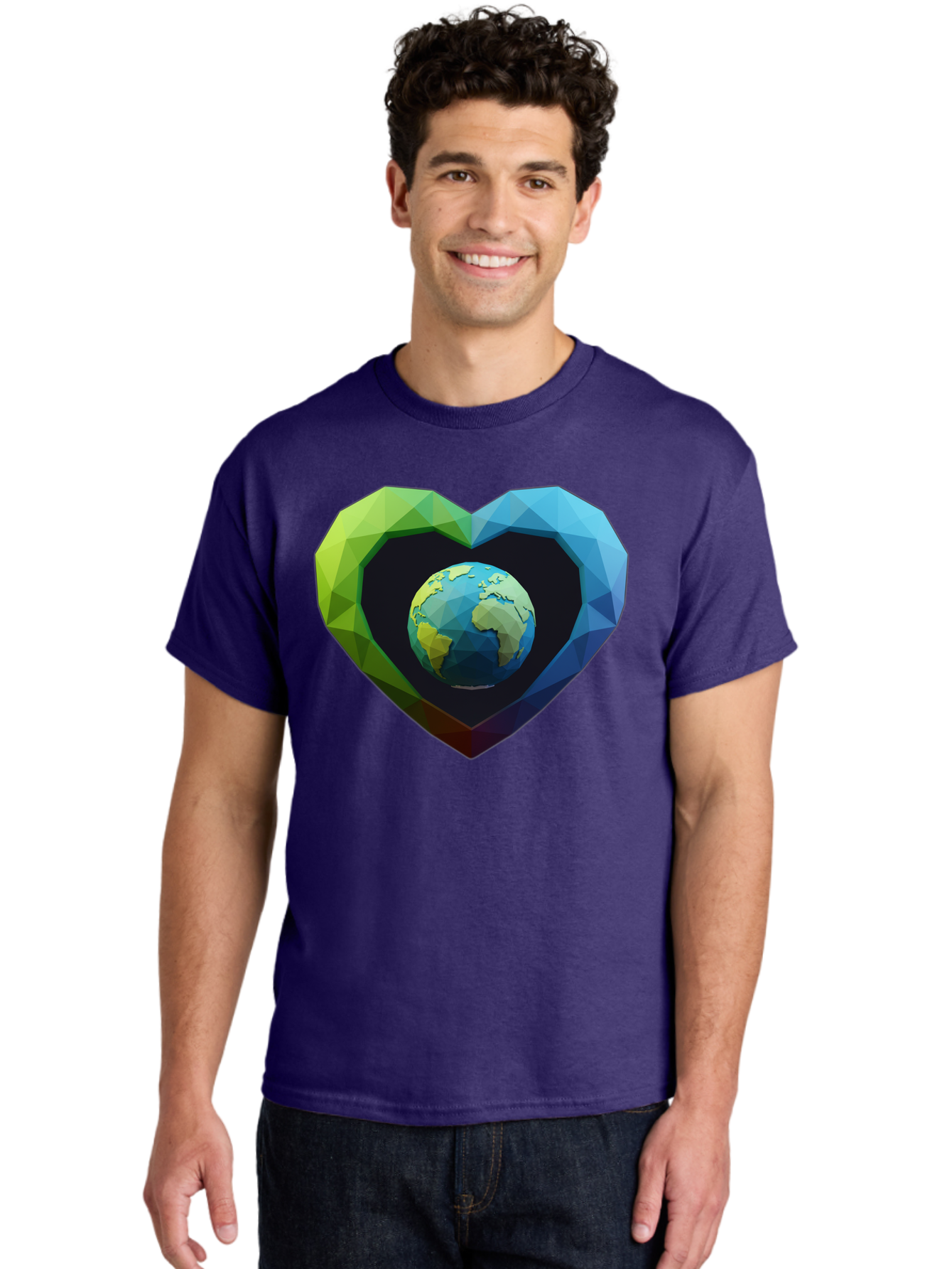 Earth-In-Heart-2 Men'S Graphic Tee, 100% Cotton, Comfortable Casual Summer Wear, Machine Washable, Globe In The Heart, Low Poly Art, Earth Love, Eco Friendly, Environmental Awareness, Blue And Green Hues, Polygonal Heart, Earth Centered, Baa582
