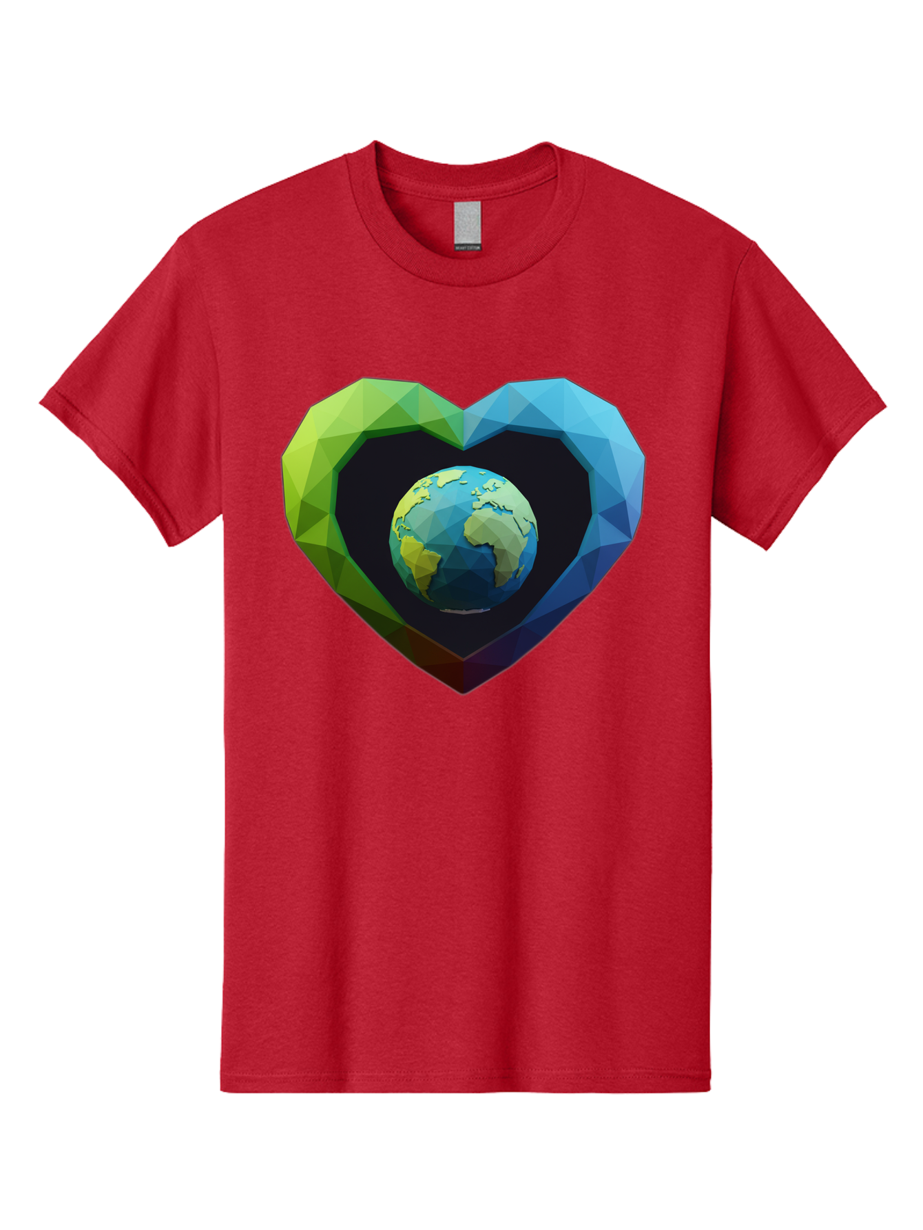 Earth-In-Heart-2 Men'S Graphic Tee, 100% Cotton, Comfortable Casual Summer Wear, Machine Washable, Globe In The Heart, Low Poly Art, Earth Love, Eco Friendly, Environmental Awareness, Blue And Green Hues, Polygonal Heart, Earth Centered, Baa582