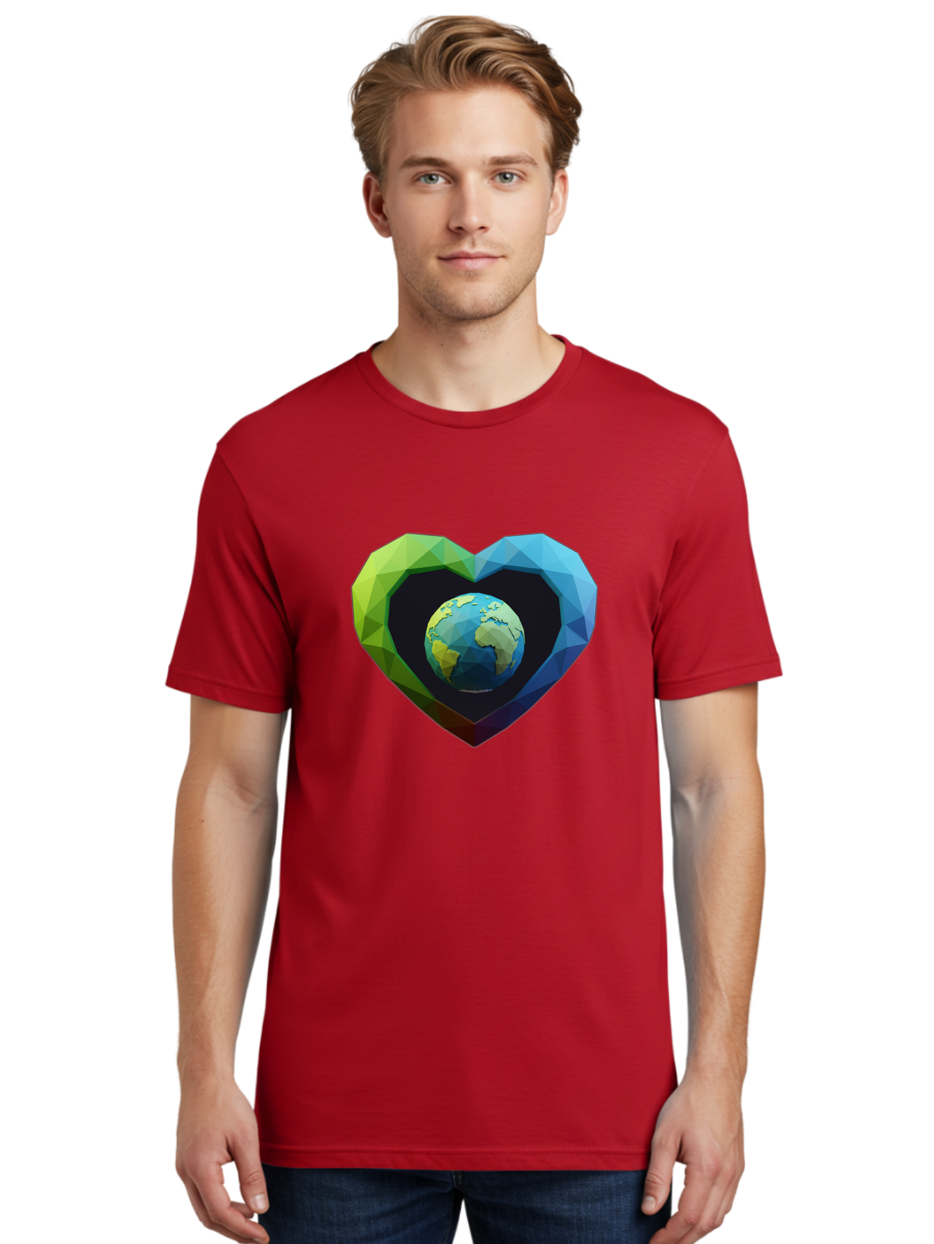 Earth-In-Heart-2 Men'S Graphic Tee, 100% Cotton, Comfortable Casual Summer Wear, Machine Washable, Globe In The Heart, Low Poly Art, Earth Love, Eco Friendly, Environmental Awareness, Blue And Green Hues, Polygonal Heart, Earth Centered, Baa582